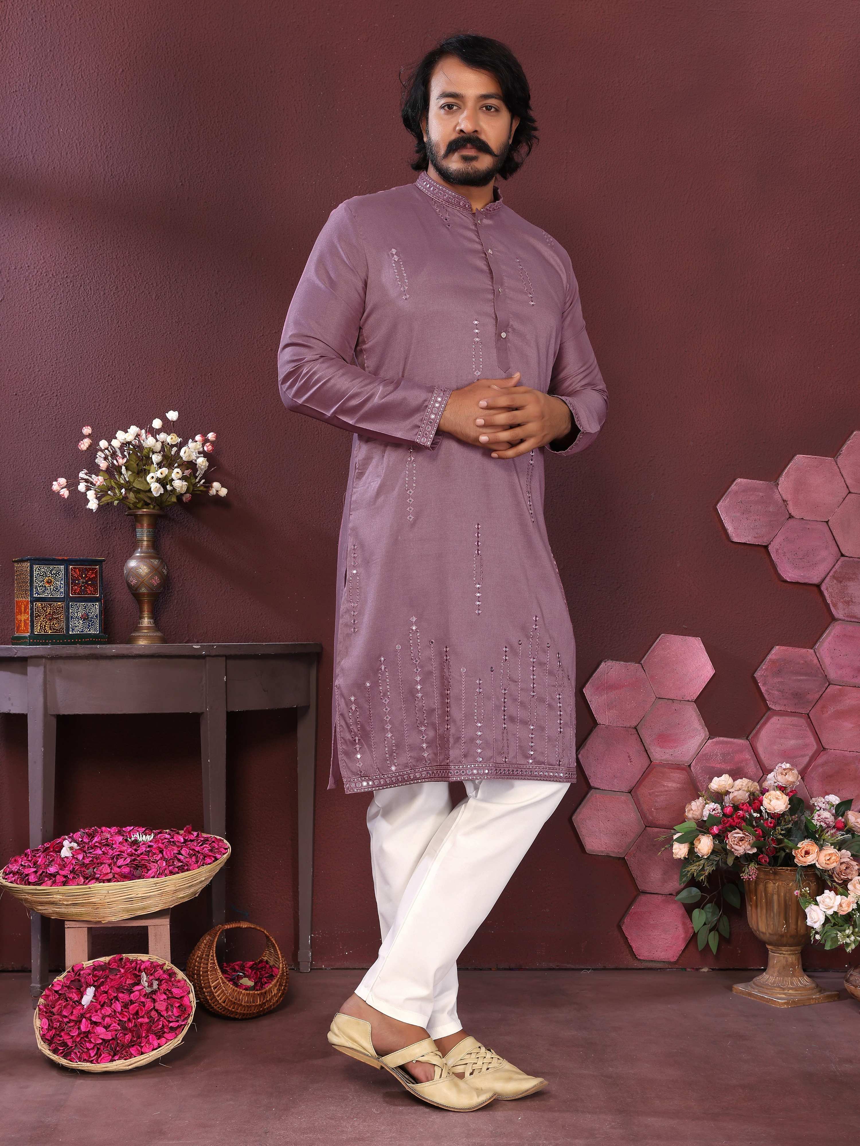 Jyoti Fashion Men's Purple Mirror Embroidery Kurta with Pajama - Distacart