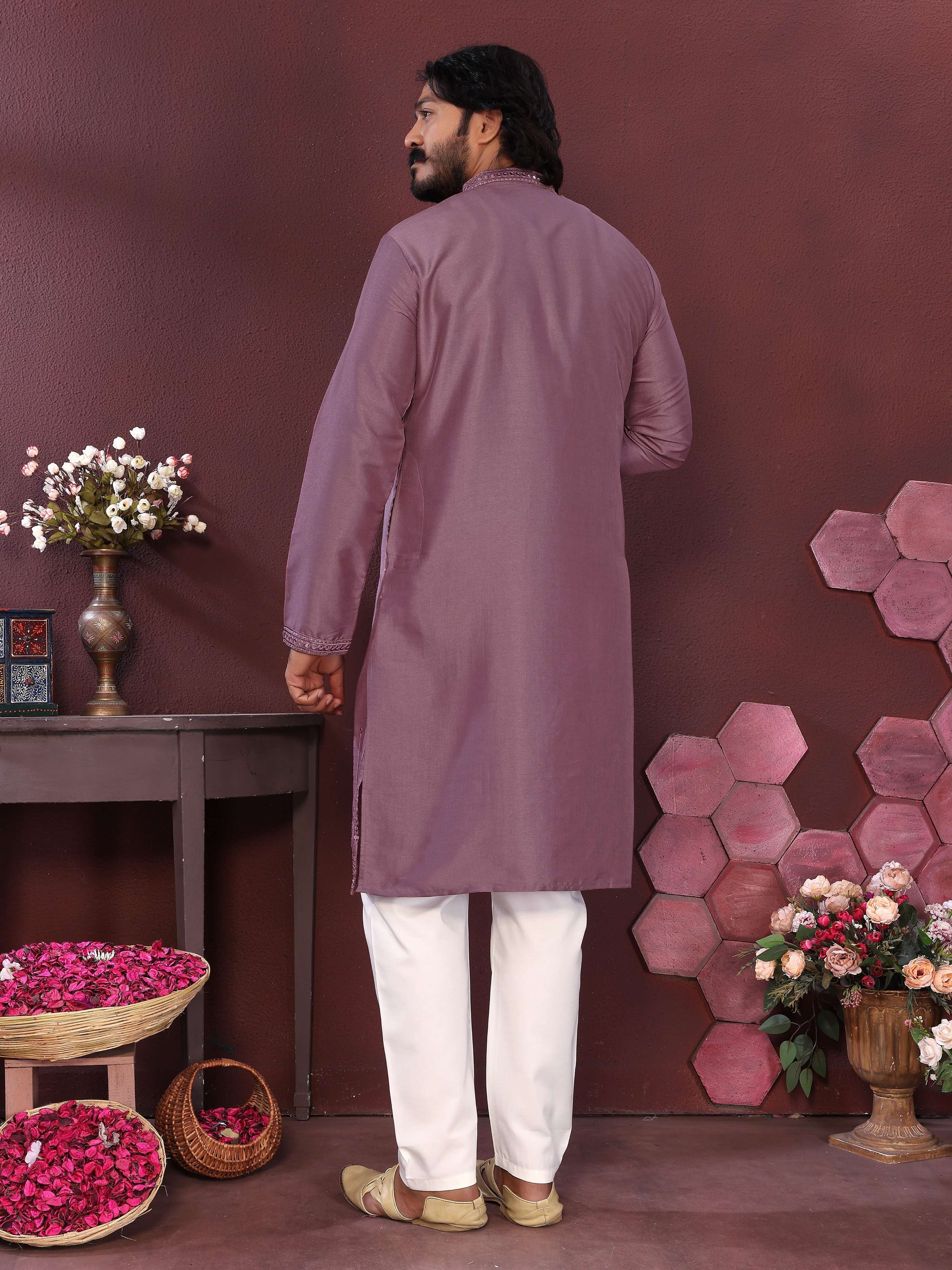 Jyoti Fashion Men's Purple Mirror Embroidery Kurta with Pajama - Distacart