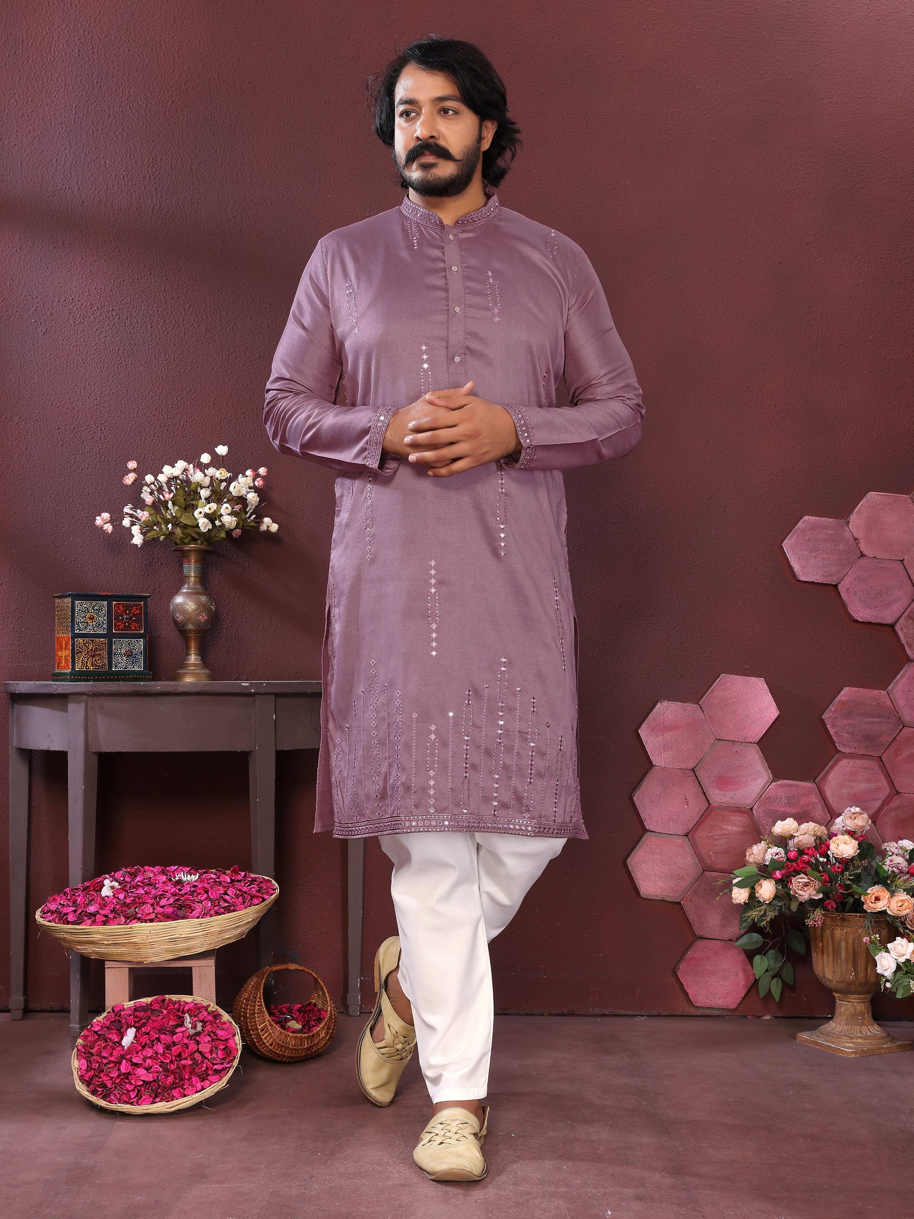 Jyoti Fashion Men's Purple Mirror Embroidery Kurta with Pajama - Distacart