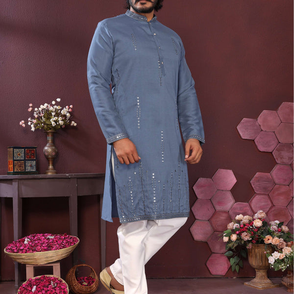 Jyoti Fashion Men's Blue Mirror Embroidery Kurta with Pajama