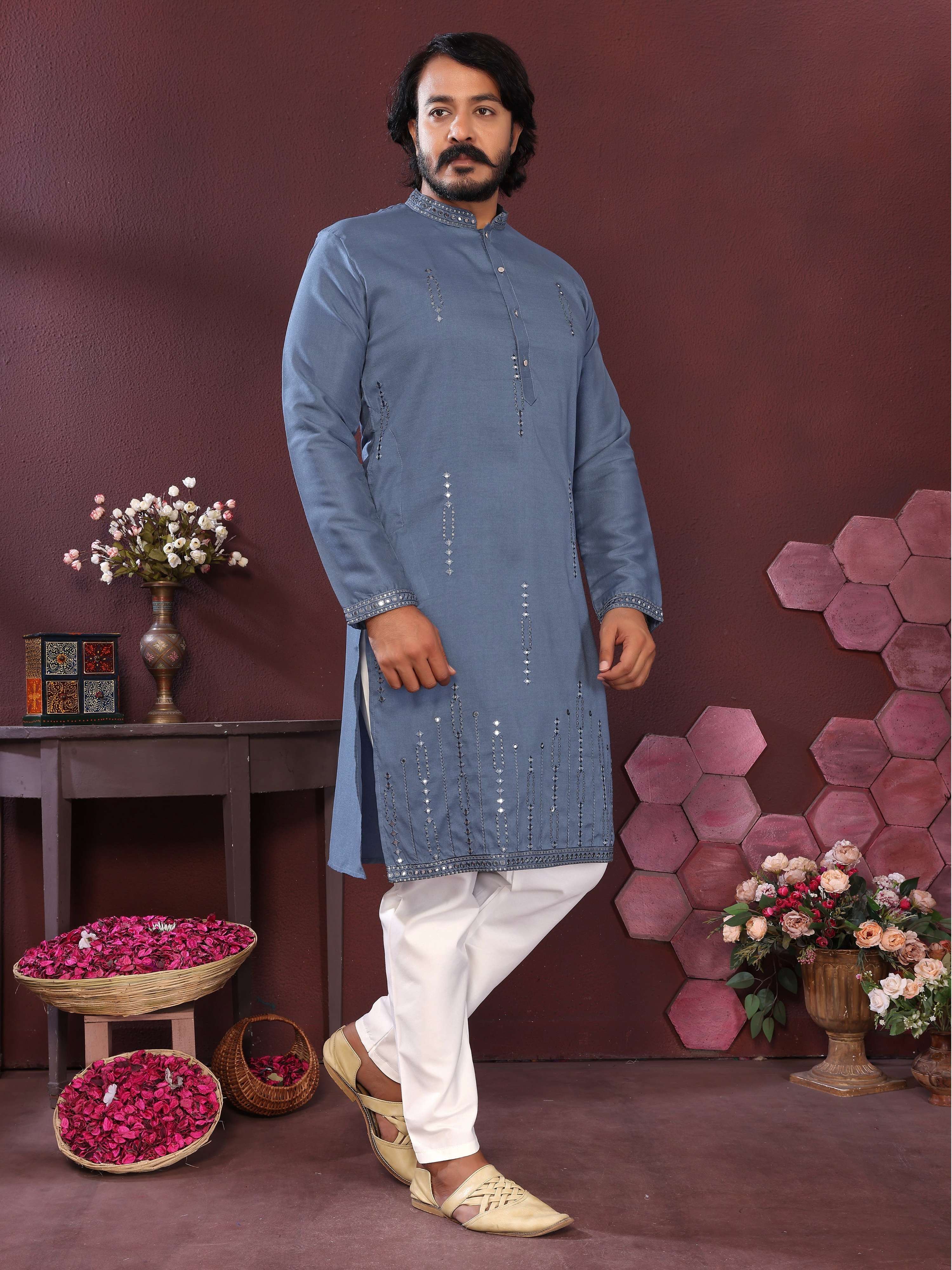 Jyoti Fashion Men's Blue Mirror Embroidery Kurta with Pajama - Distacart