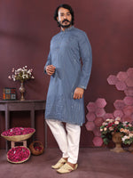 Thumbnail for Jyoti Fashion Men's Blue Mirror Embroidery Kurta with Pajama