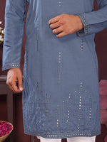 Thumbnail for Jyoti Fashion Men's Blue Mirror Embroidery Kurta with Pajama