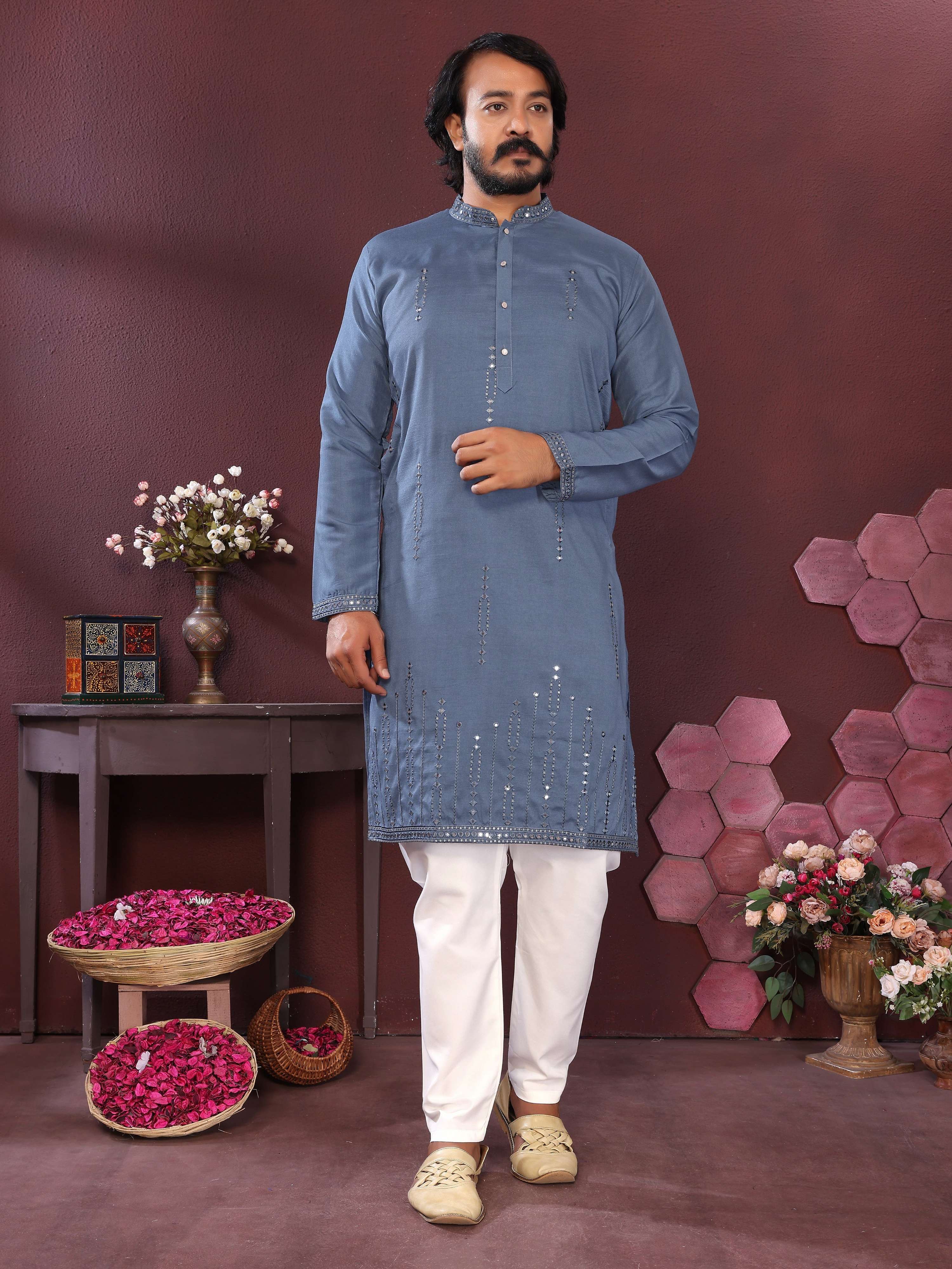 Jyoti Fashion Men's Blue Mirror Embroidery Kurta with Pajama - Distacart