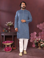 Thumbnail for Jyoti Fashion Men's Blue Mirror Embroidery Kurta with Pajama