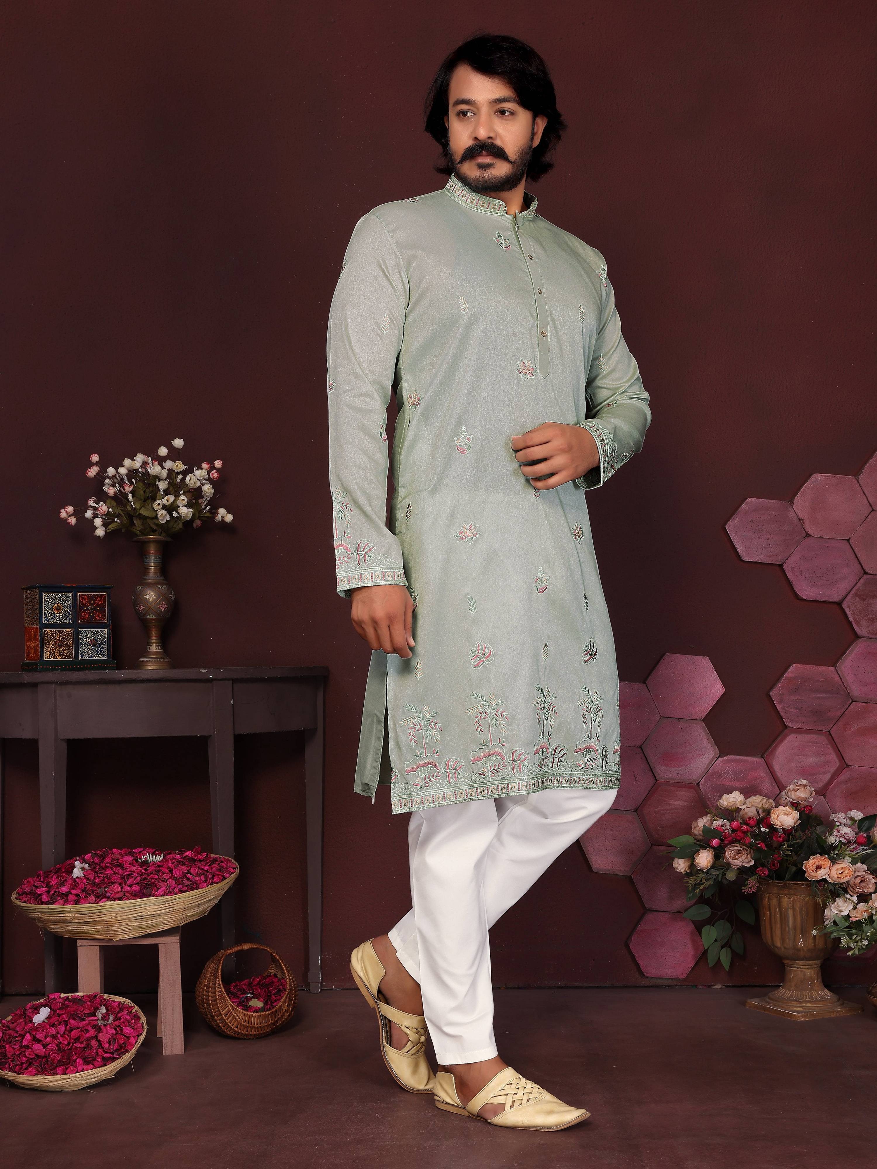 Jyoti Fashion Men's Grey Sequins Embroidered Kurta with Pajama - Distacart
