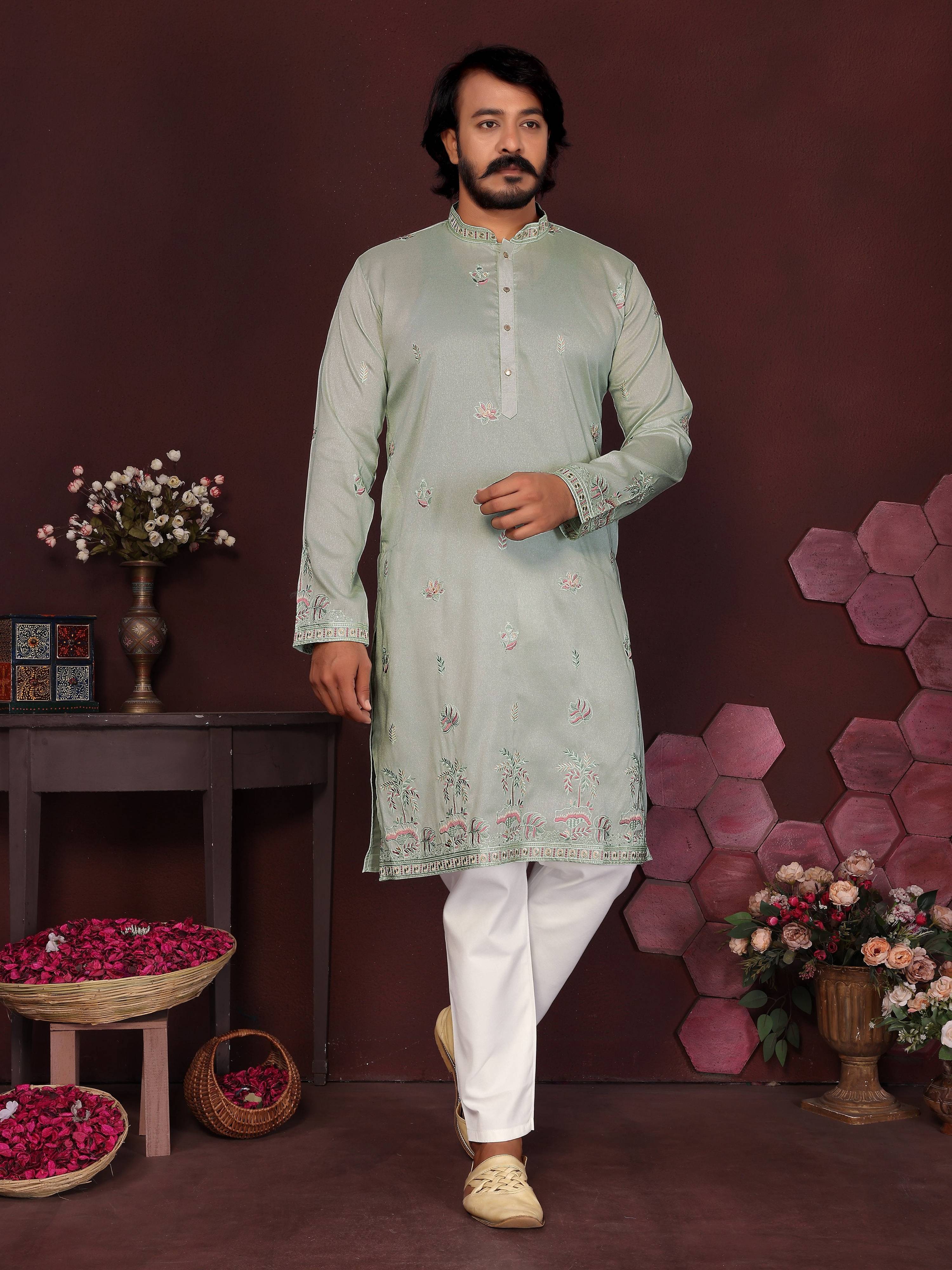 Jyoti Fashion Men's Grey Sequins Embroidered Kurta with Pajama - Distacart