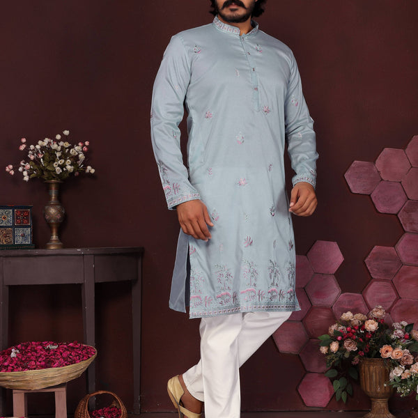 Jyoti Fashion Men's Blue Sequins Embroidered Kurta with Pajama