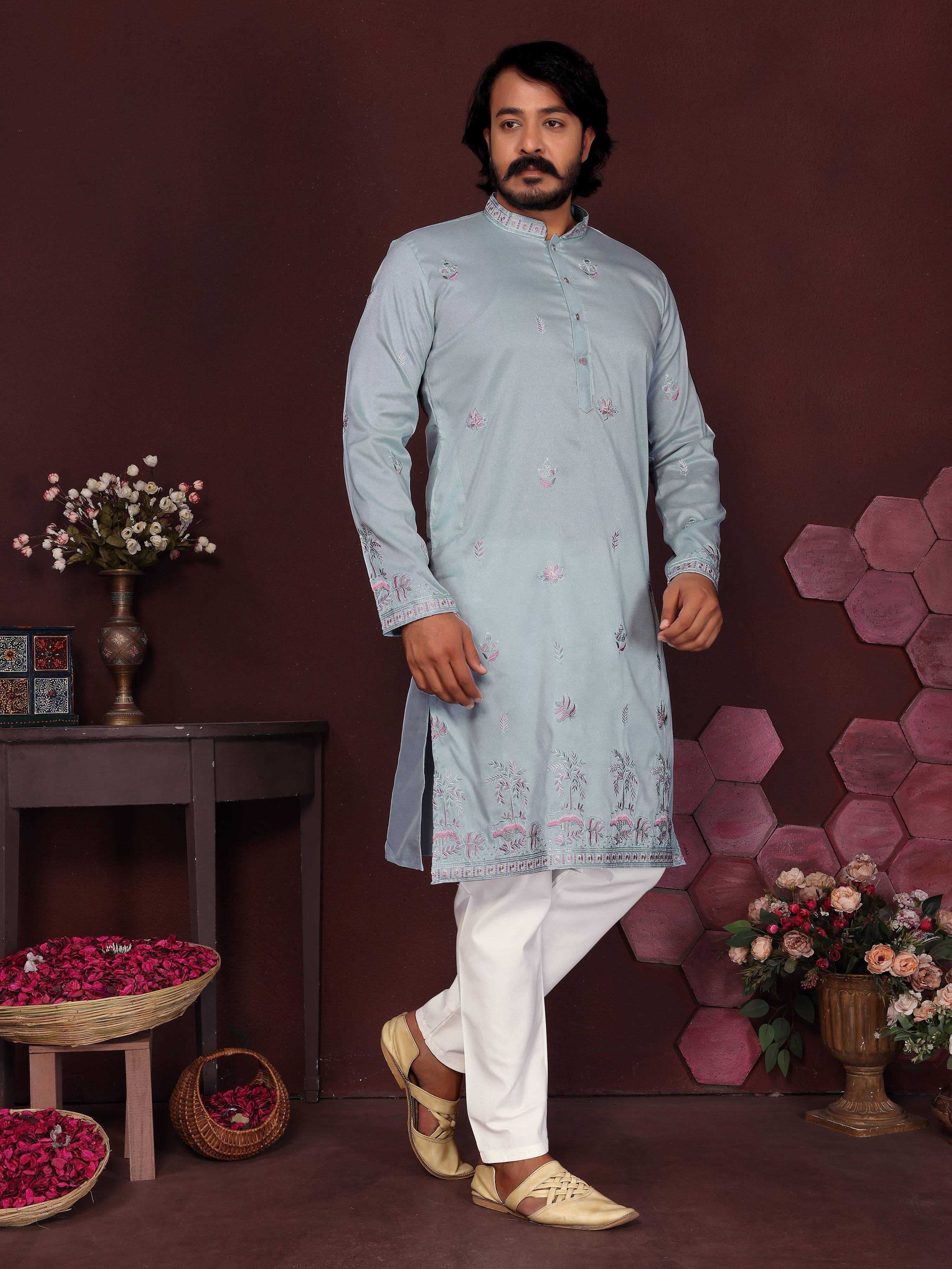 Jyoti Fashion Men's Blue Sequins Embroidered Kurta with Pajama - Distacart