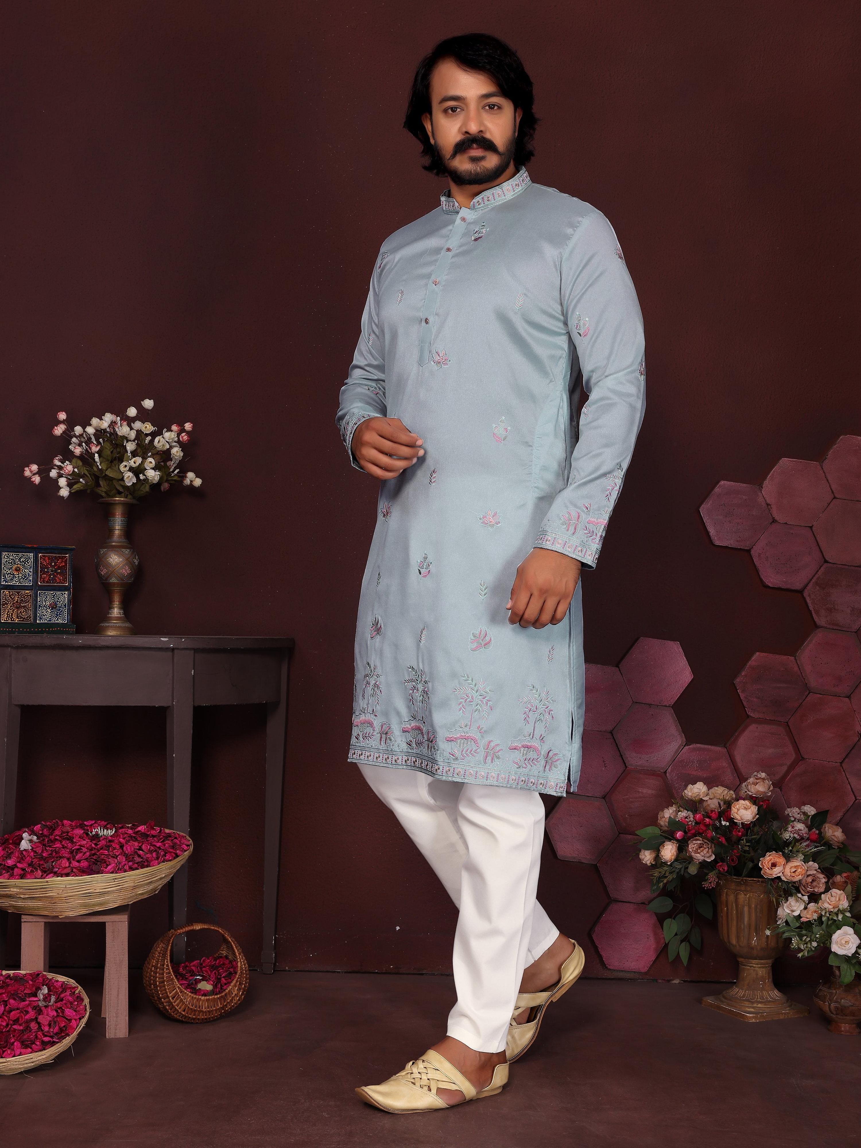 Jyoti Fashion Men's Blue Sequins Embroidered Kurta with Pajama
