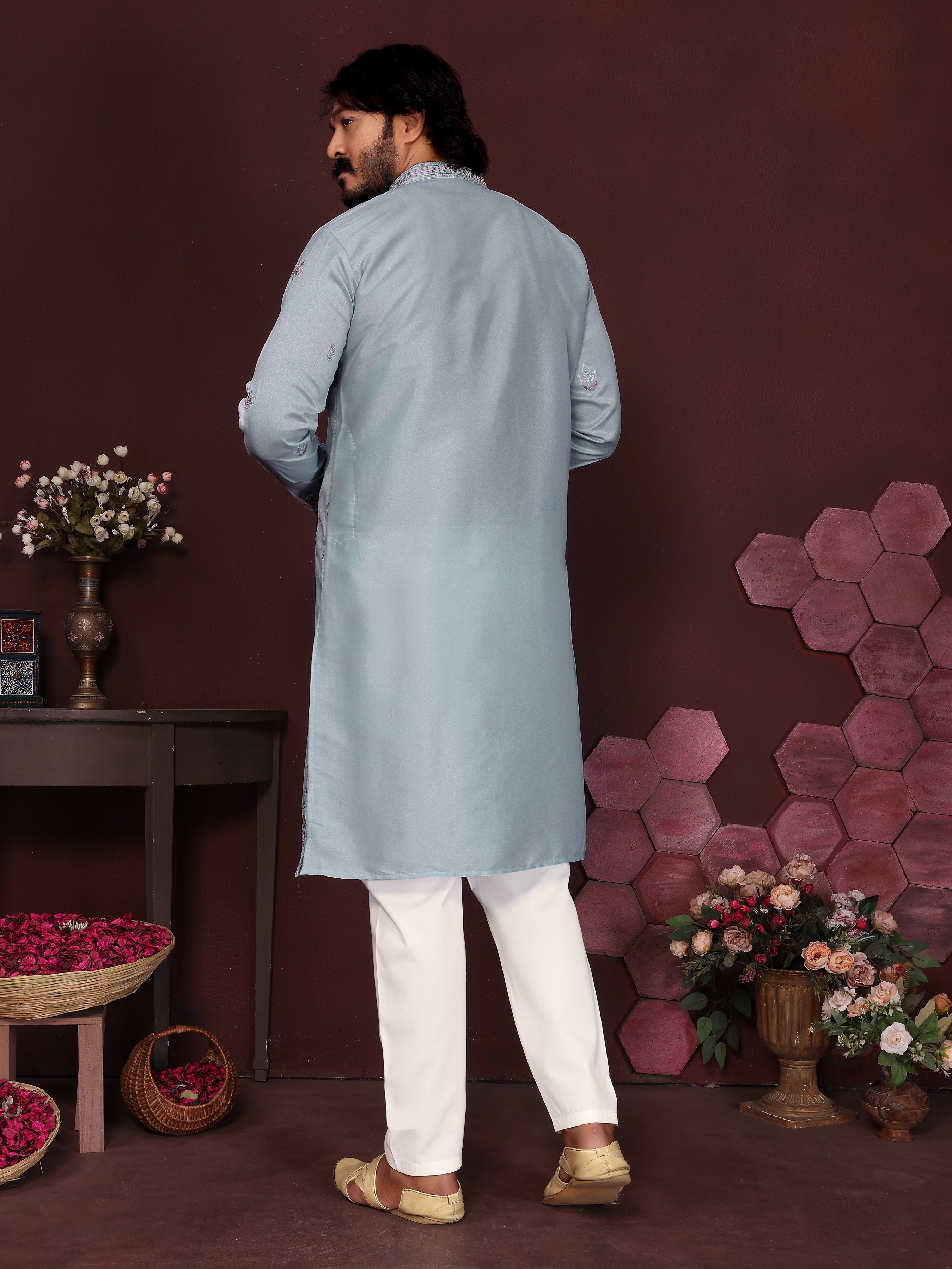 Jyoti Fashion Men's Blue Sequins Embroidered Kurta with Pajama