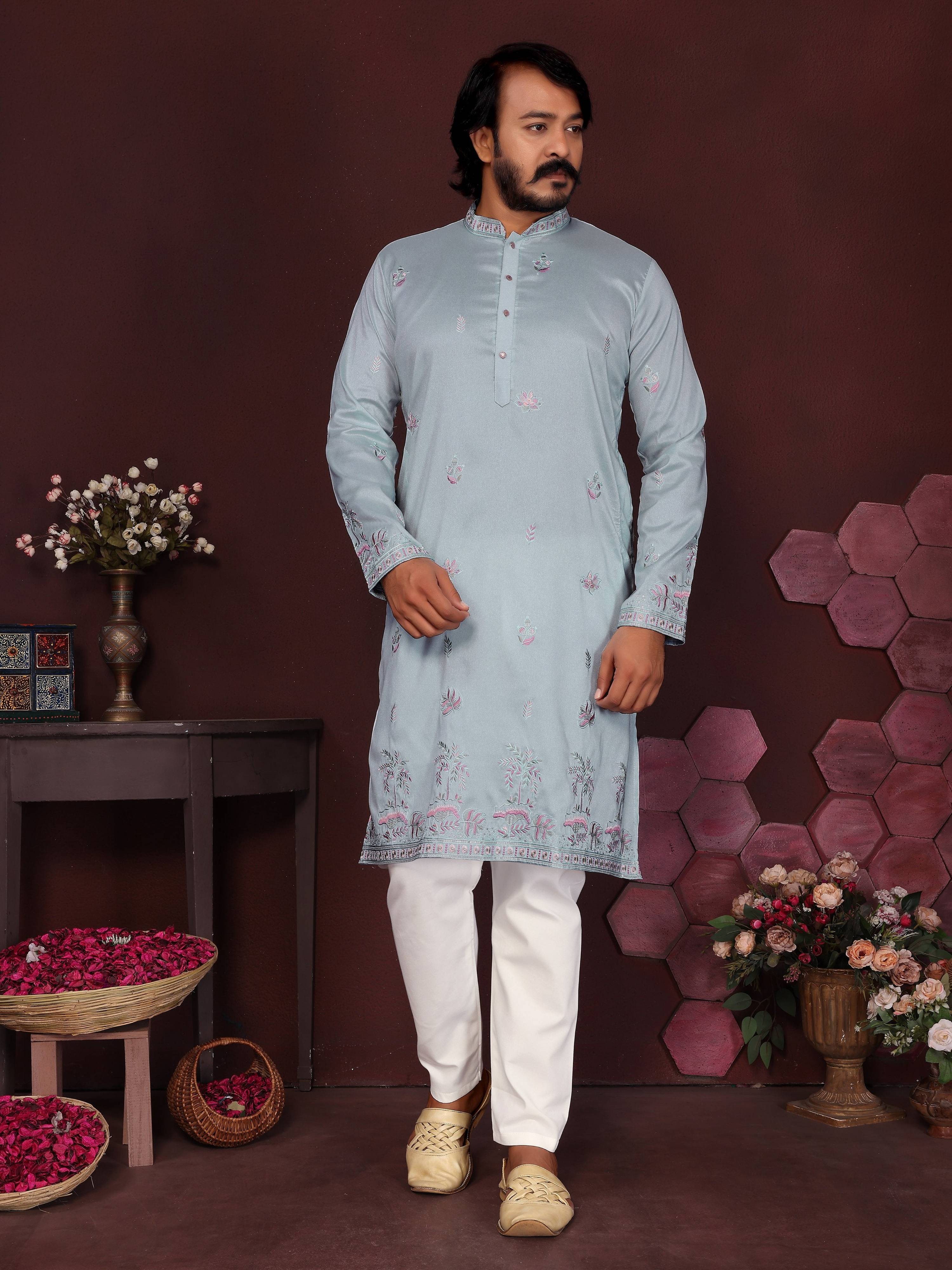 Jyoti Fashion Men's Blue Sequins Embroidered Kurta with Pajama - Distacart