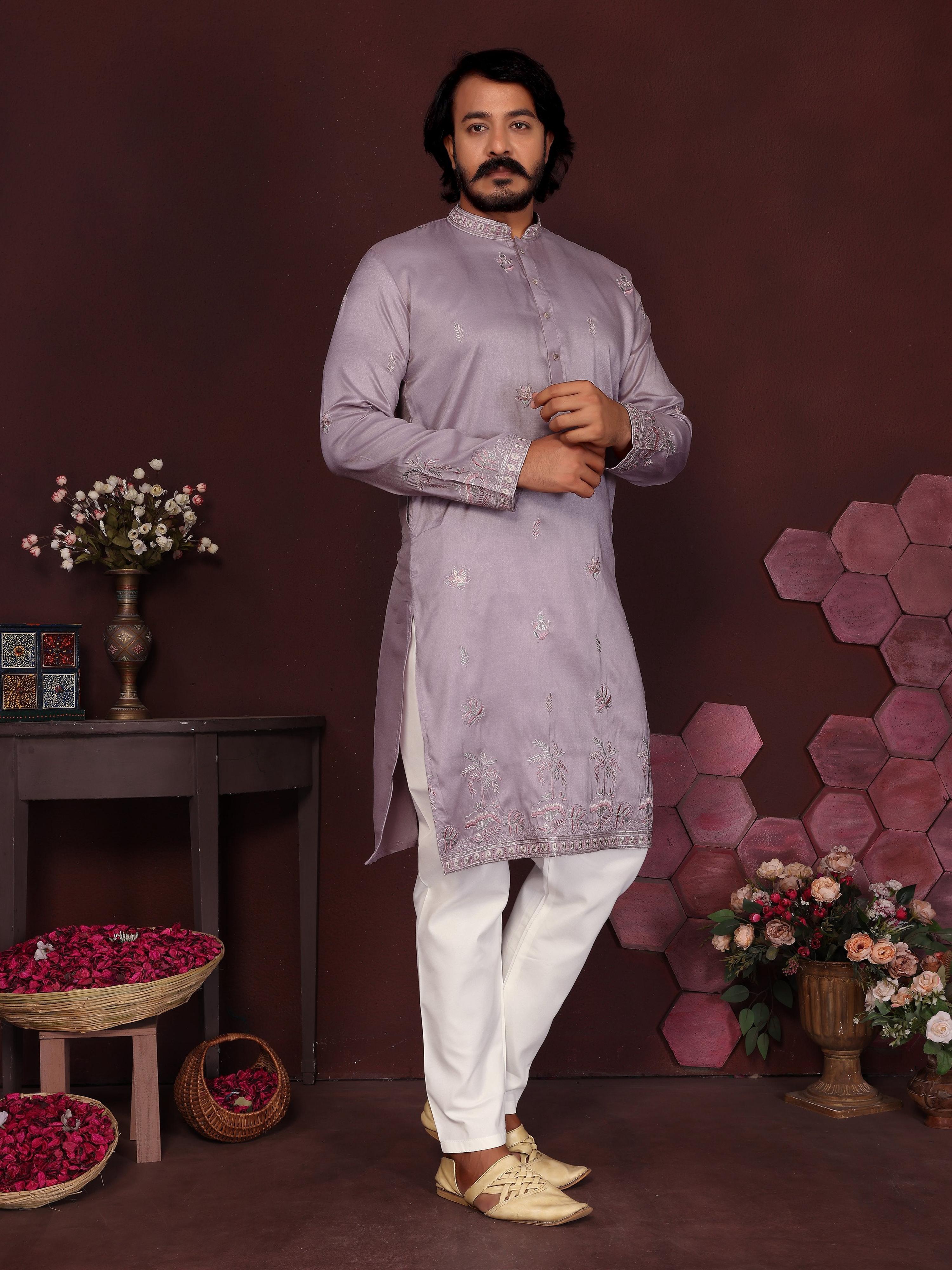 Jyoti Fashion Men's Purple Sequins Embroidered Kurta with Pajama - Distacart