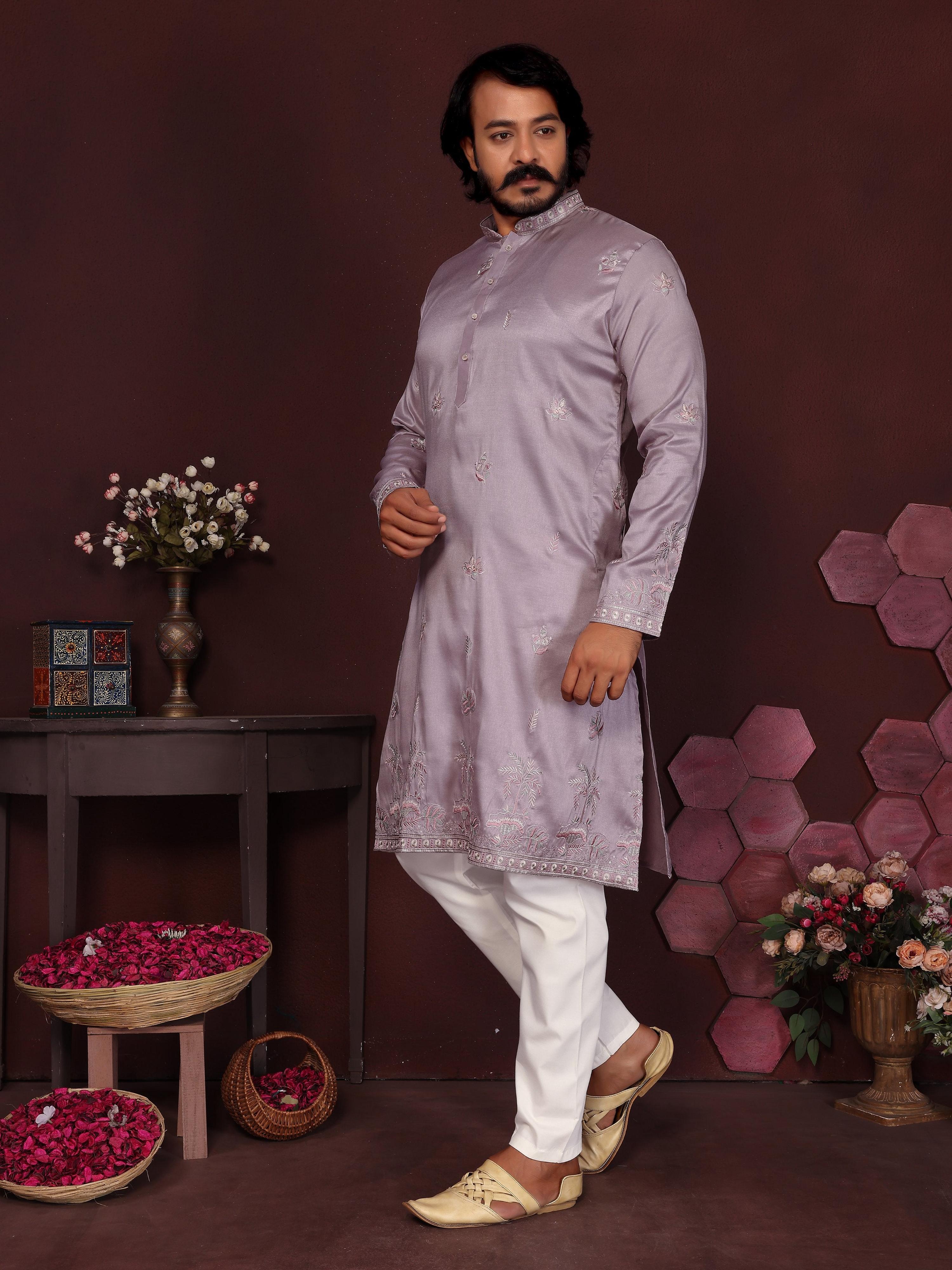Jyoti Fashion Men's Purple Sequins Embroidered Kurta with Pajama