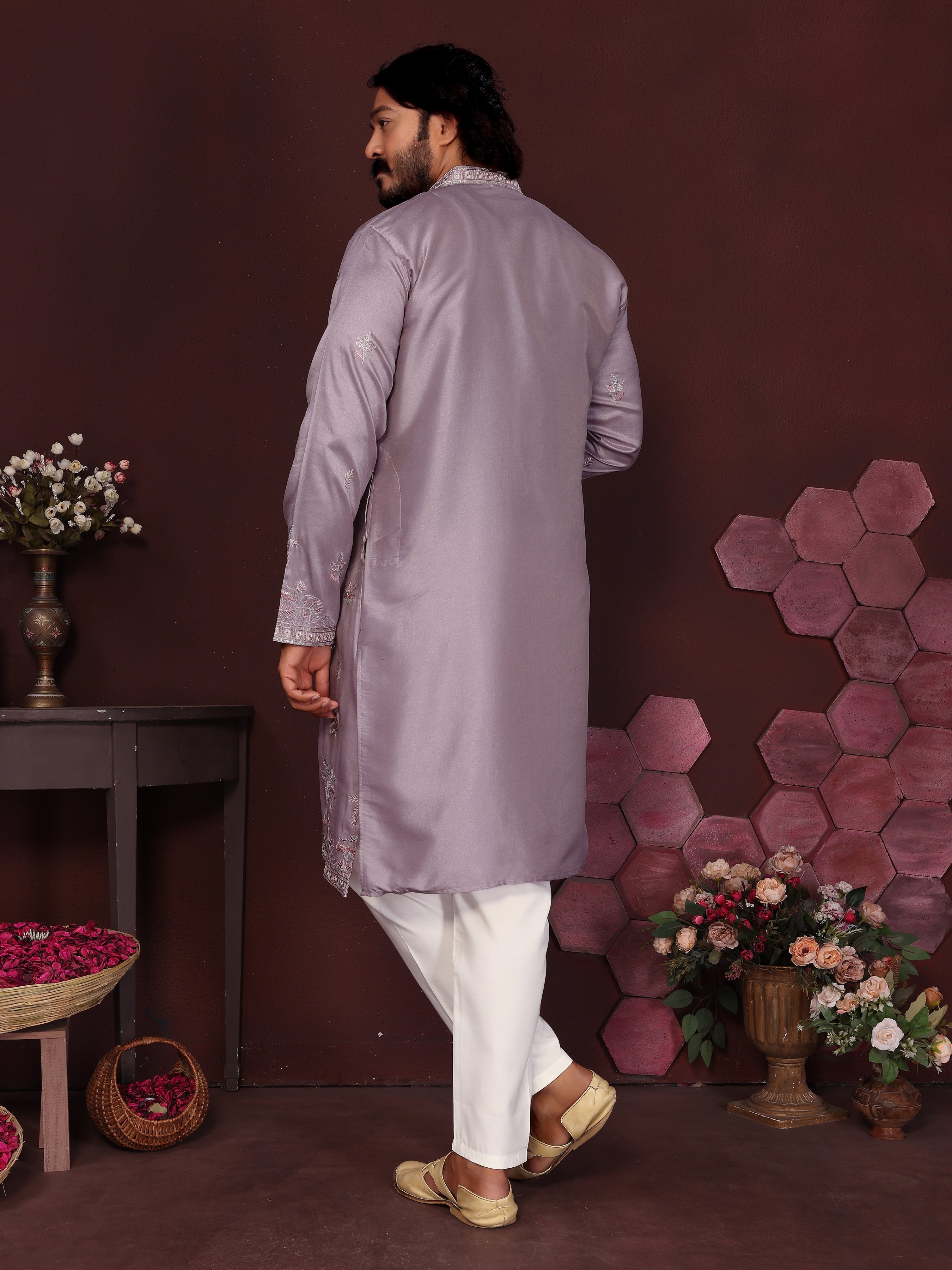 Jyoti Fashion Men's Purple Sequins Embroidered Kurta with Pajama