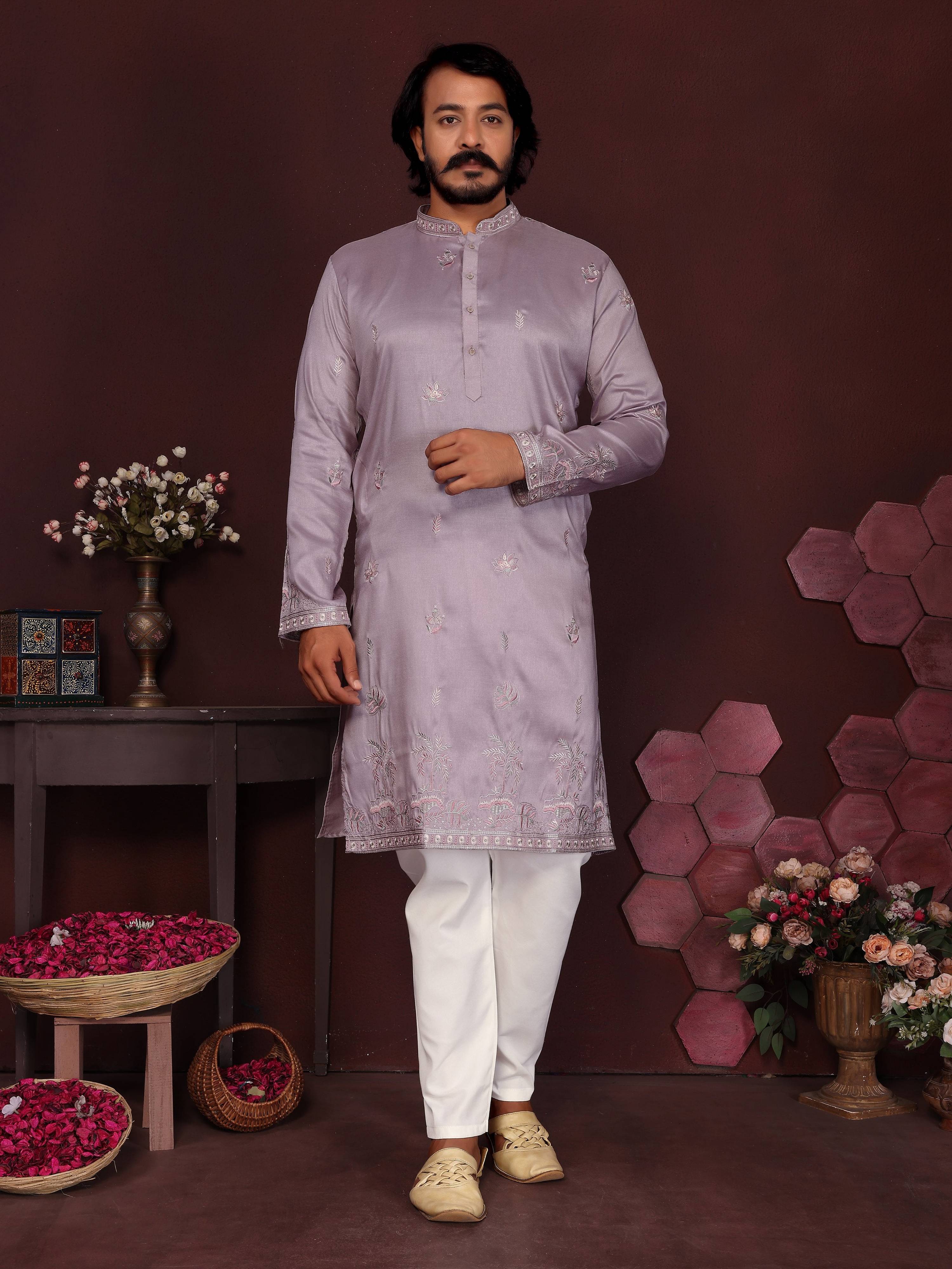 Jyoti Fashion Men's Purple Sequins Embroidered Kurta with Pajama - Distacart