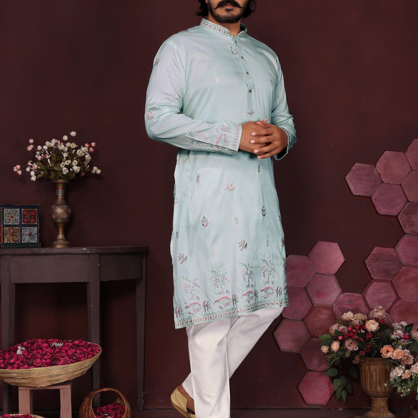 Jyoti Fashion Men's Turquoise Sequins Embroidered Kurta with Pajama - Distacart