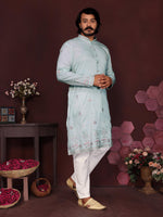 Thumbnail for Jyoti Fashion Men's Turquoise Sequins Embroidered Kurta with Pajama - Distacart