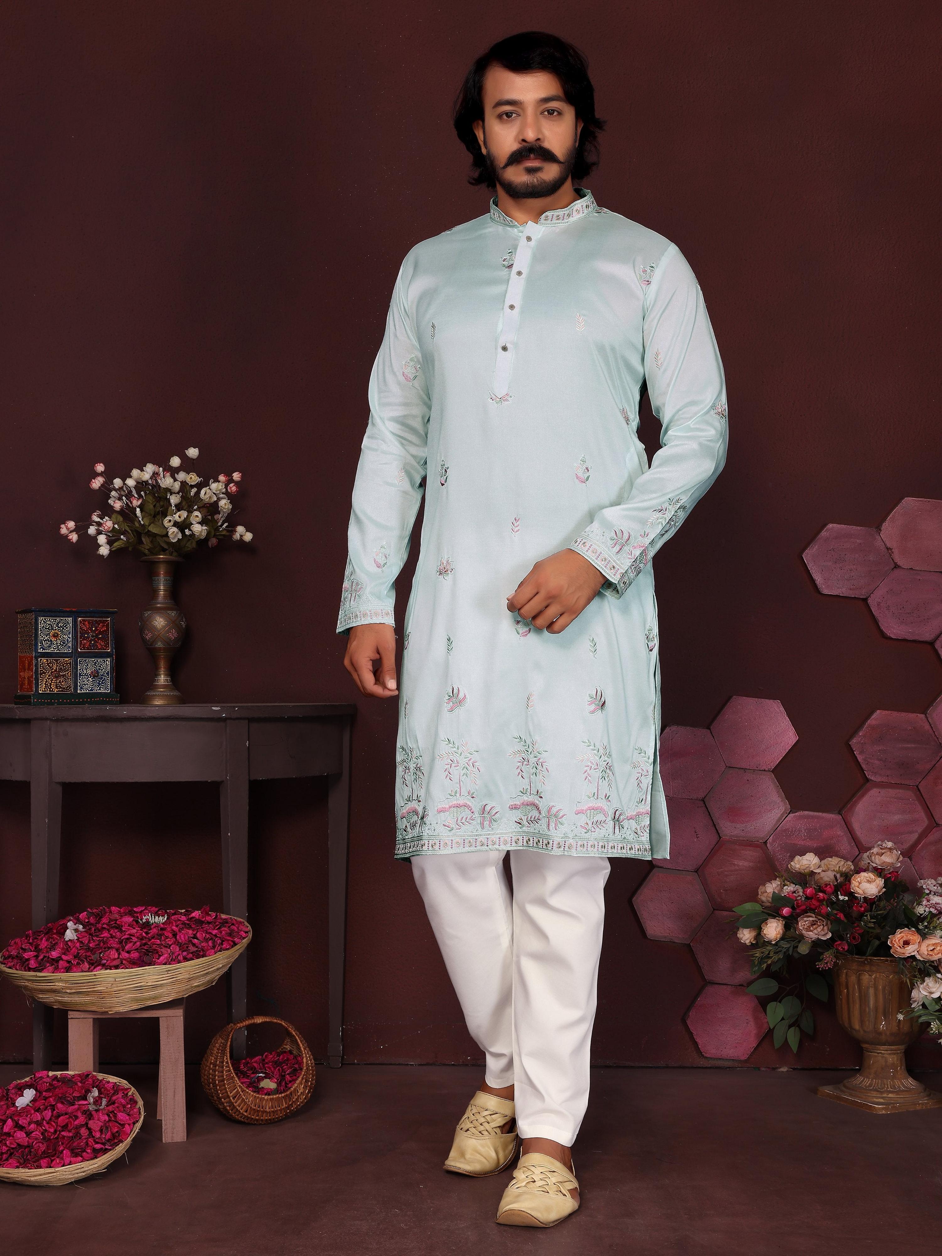 Jyoti Fashion Men's Turquoise Sequins Embroidered Kurta with Pajama - Distacart