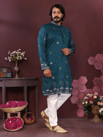 Thumbnail for Jyoti Fashion Men's Teal Sequins Embroidered Kurta with Pajama
