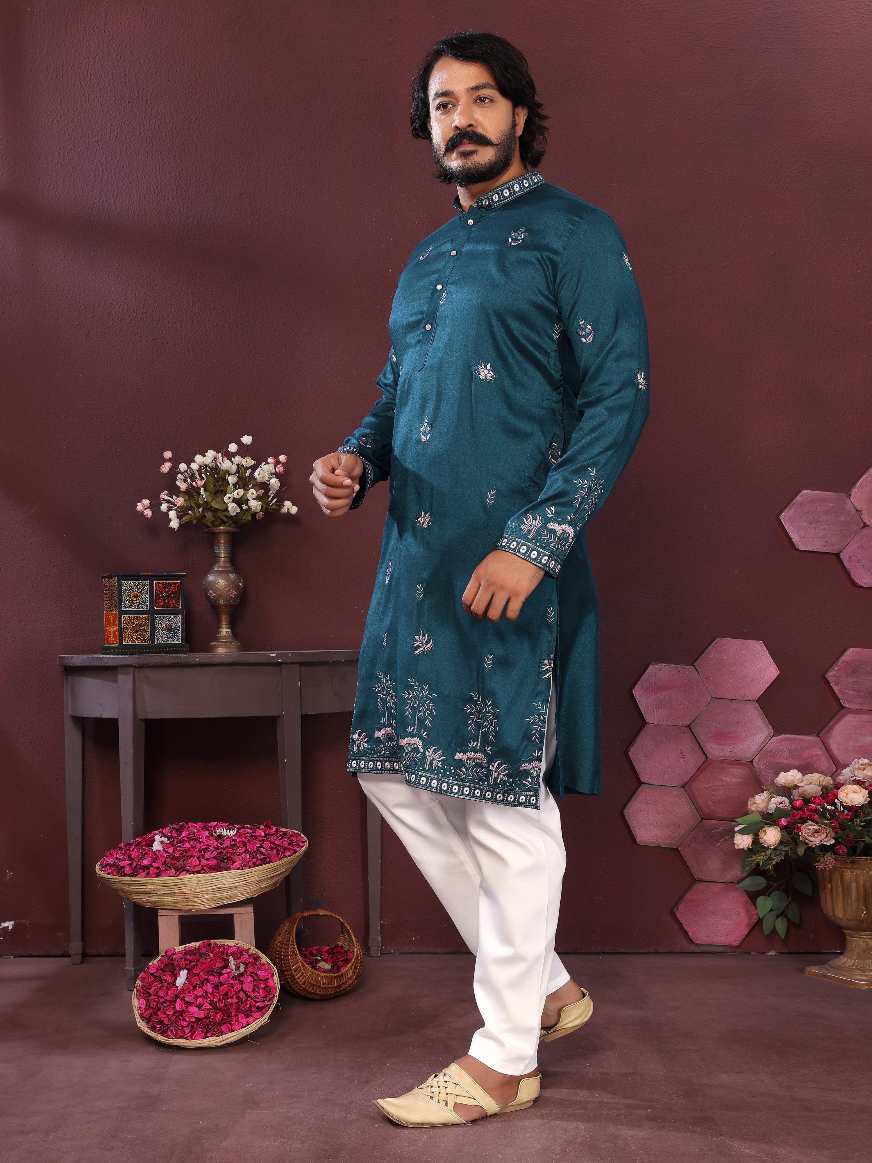 Jyoti Fashion Men's Teal Sequins Embroidered Kurta with Pajama - Distacart