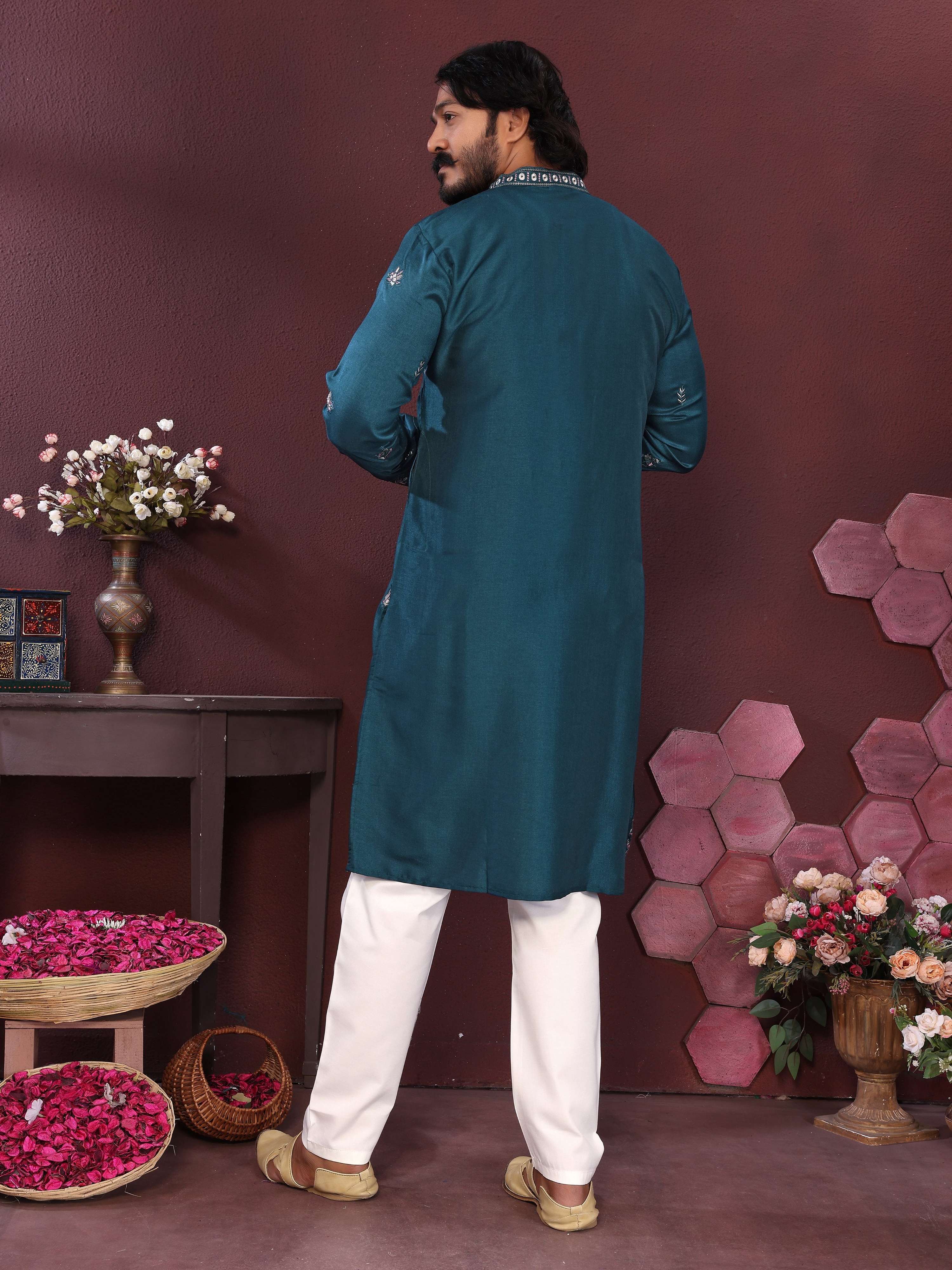 Jyoti Fashion Men's Teal Sequins Embroidered Kurta with Pajama