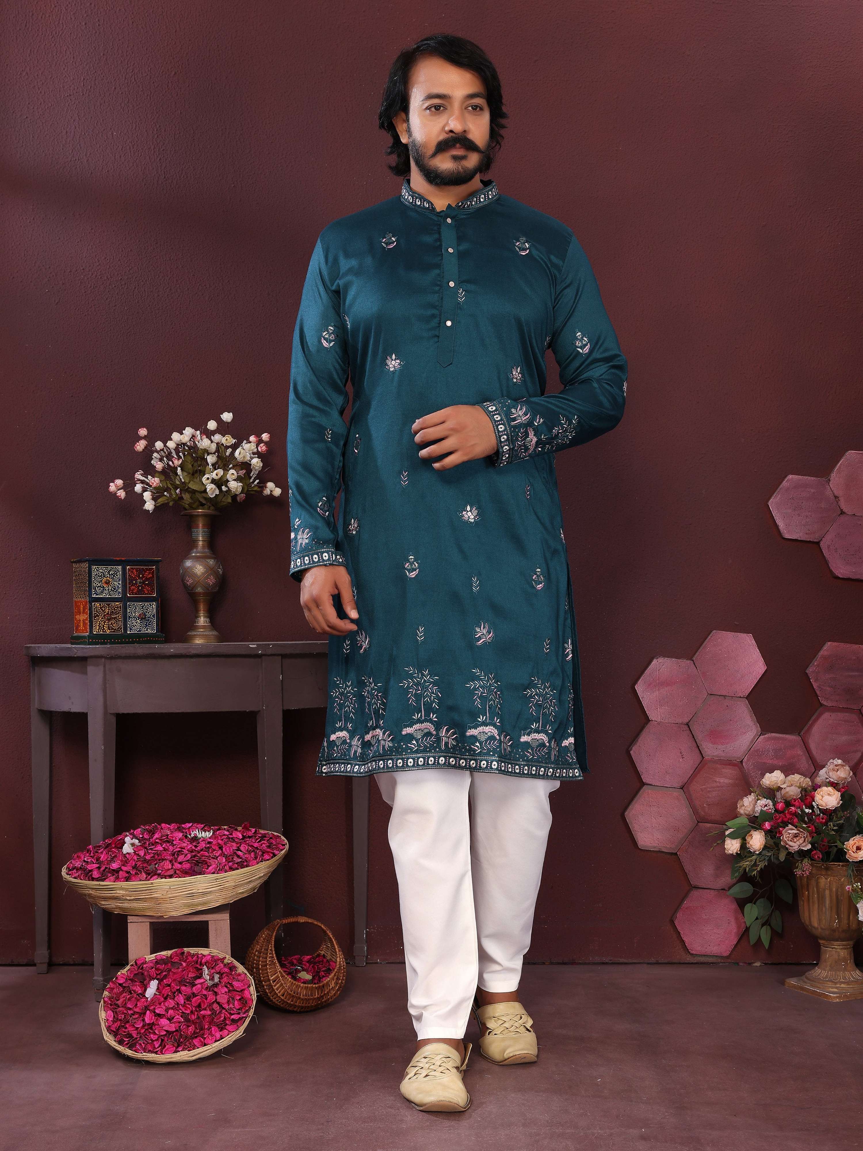 Jyoti Fashion Men's Teal Sequins Embroidered Kurta with Pajama - Distacart