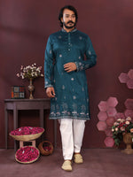 Thumbnail for Jyoti Fashion Men's Teal Sequins Embroidered Kurta with Pajama