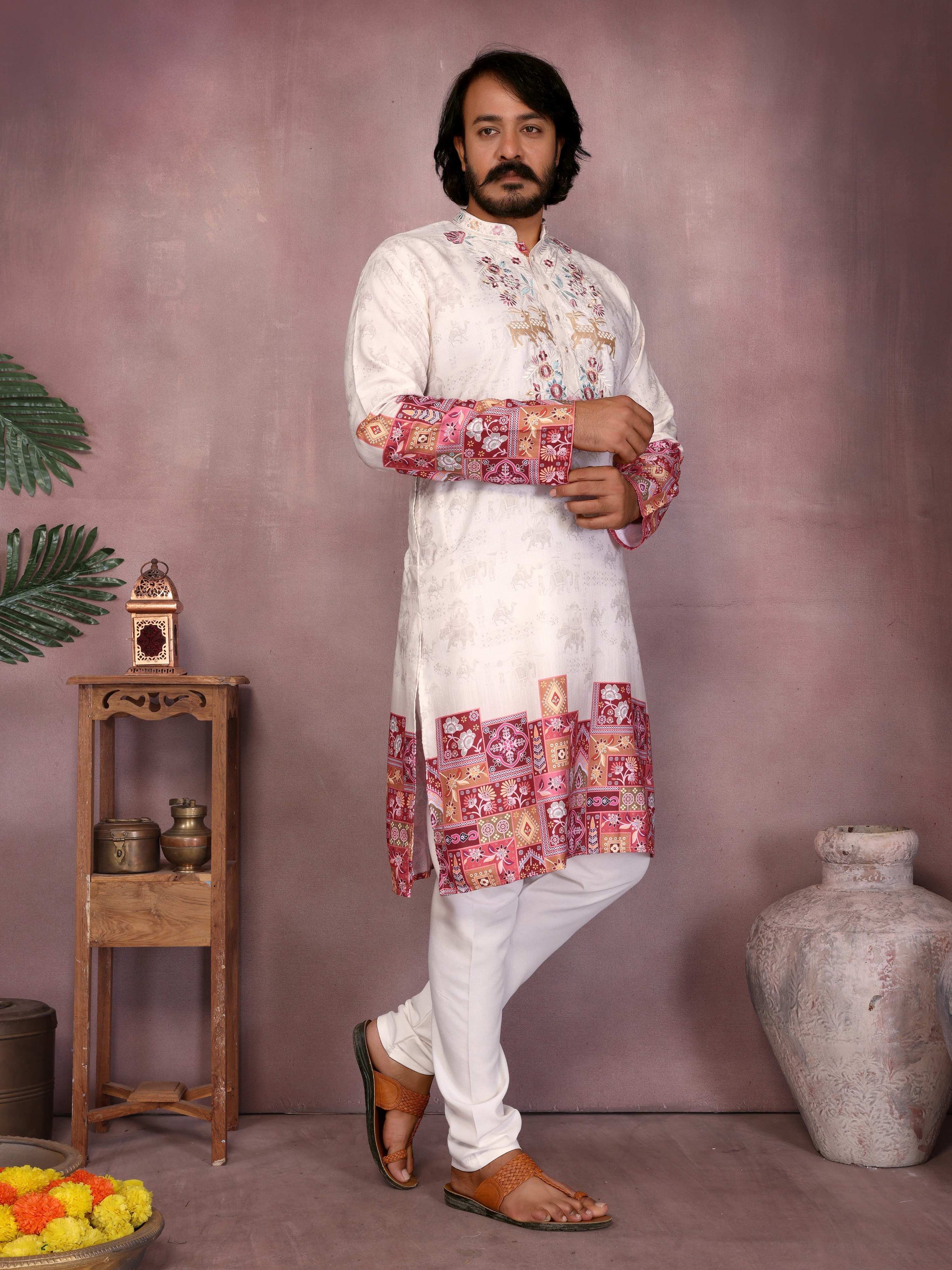 Jyoti Fashion Men's White Sequins Embroidered Kurta with Pajama - Distacart