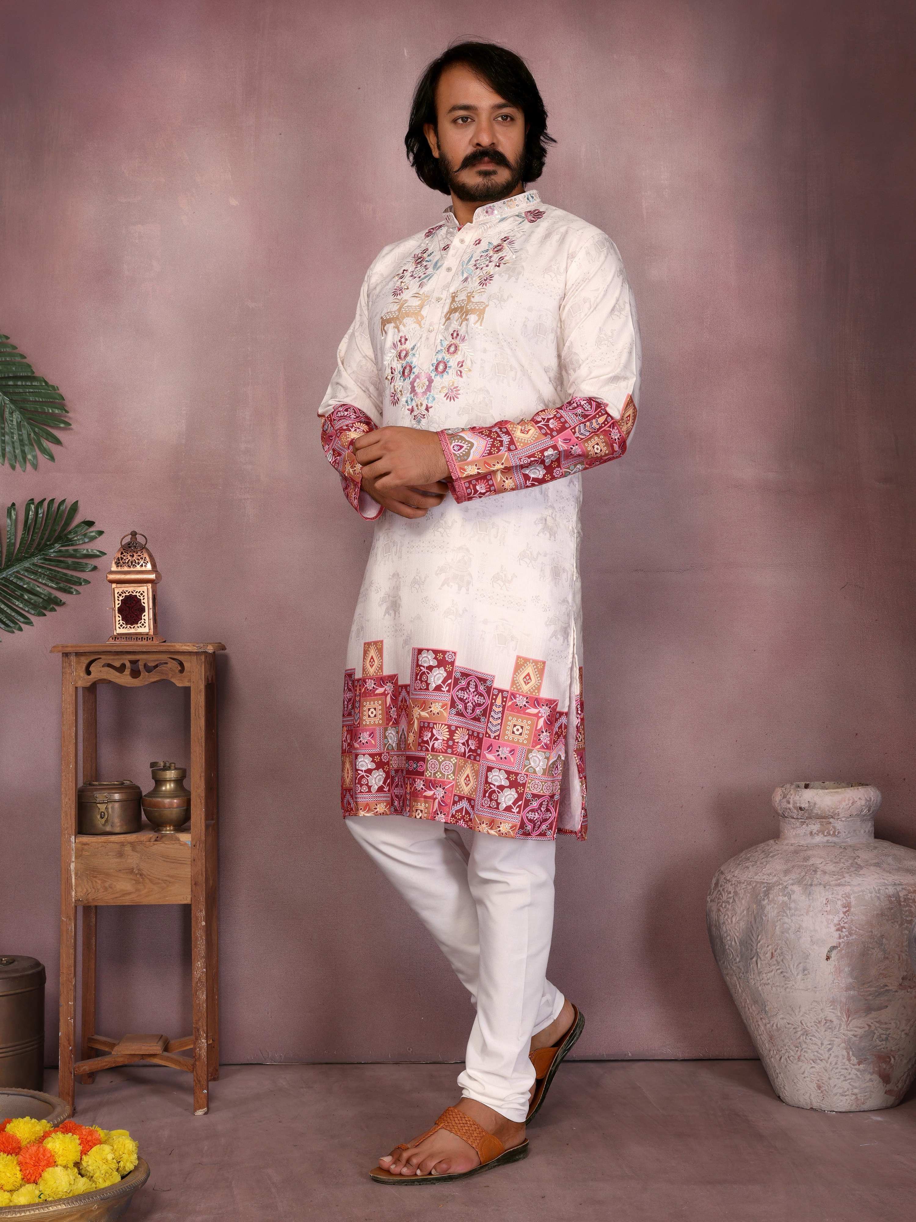 Jyoti Fashion Men's White Sequins Embroidered Kurta with Pajama - Distacart