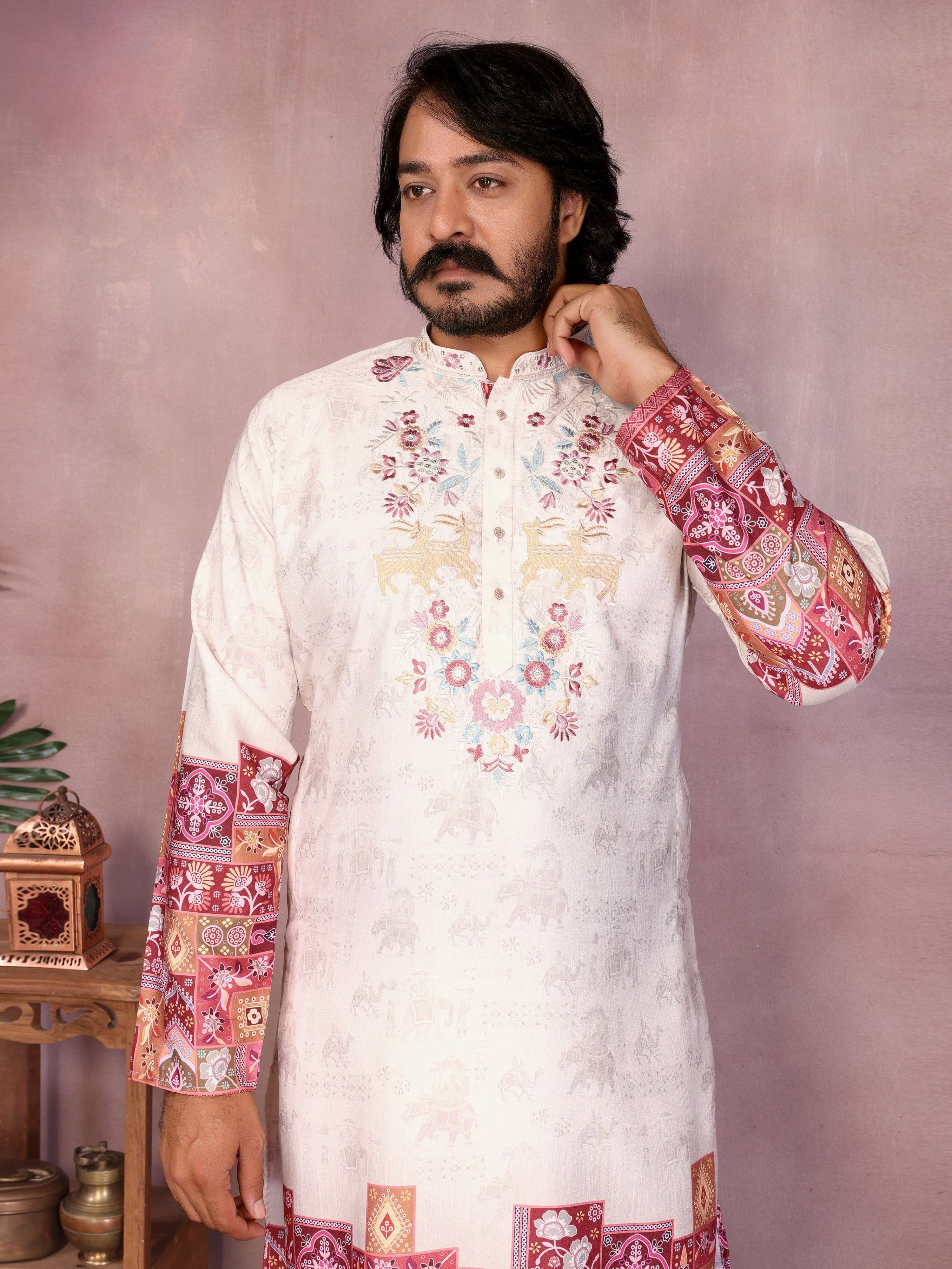 Jyoti Fashion Men's White Sequins Embroidered Kurta with Pajama