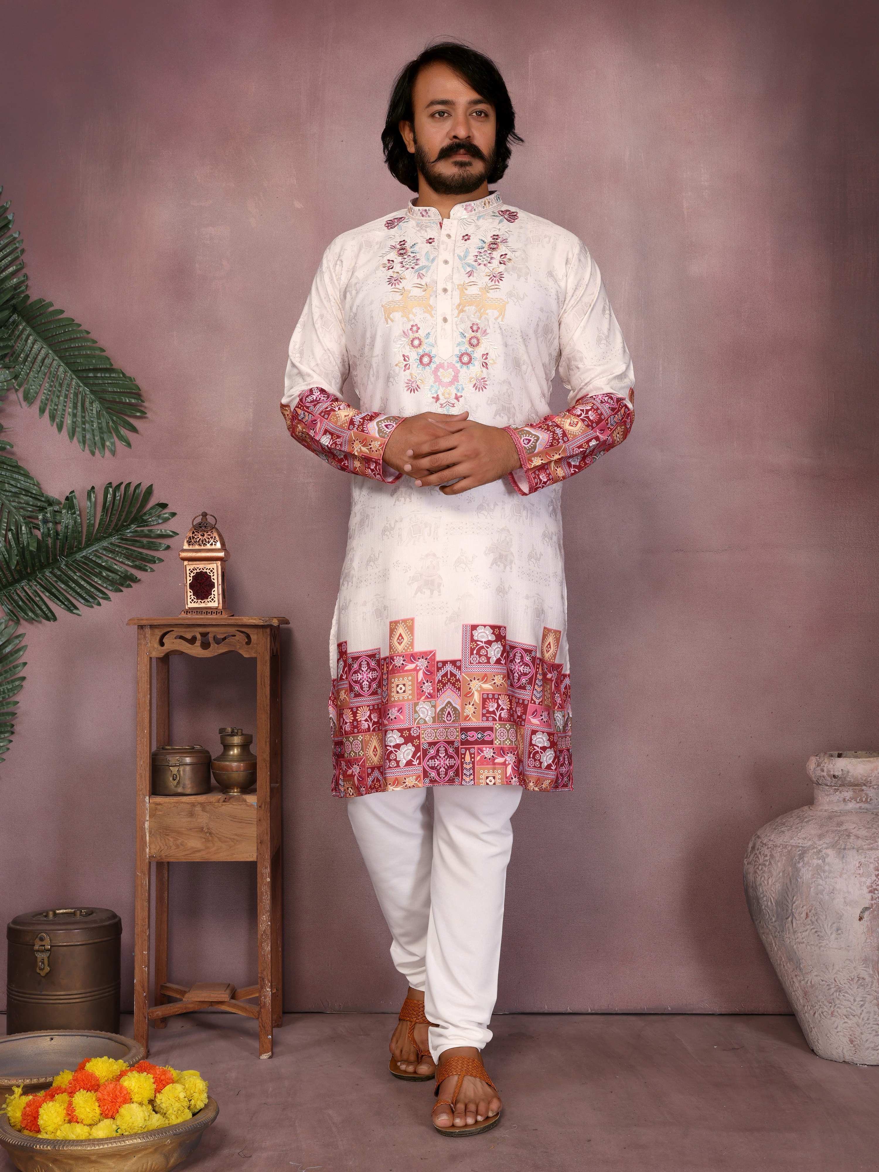 Jyoti Fashion Men's White Sequins Embroidered Kurta with Pajama