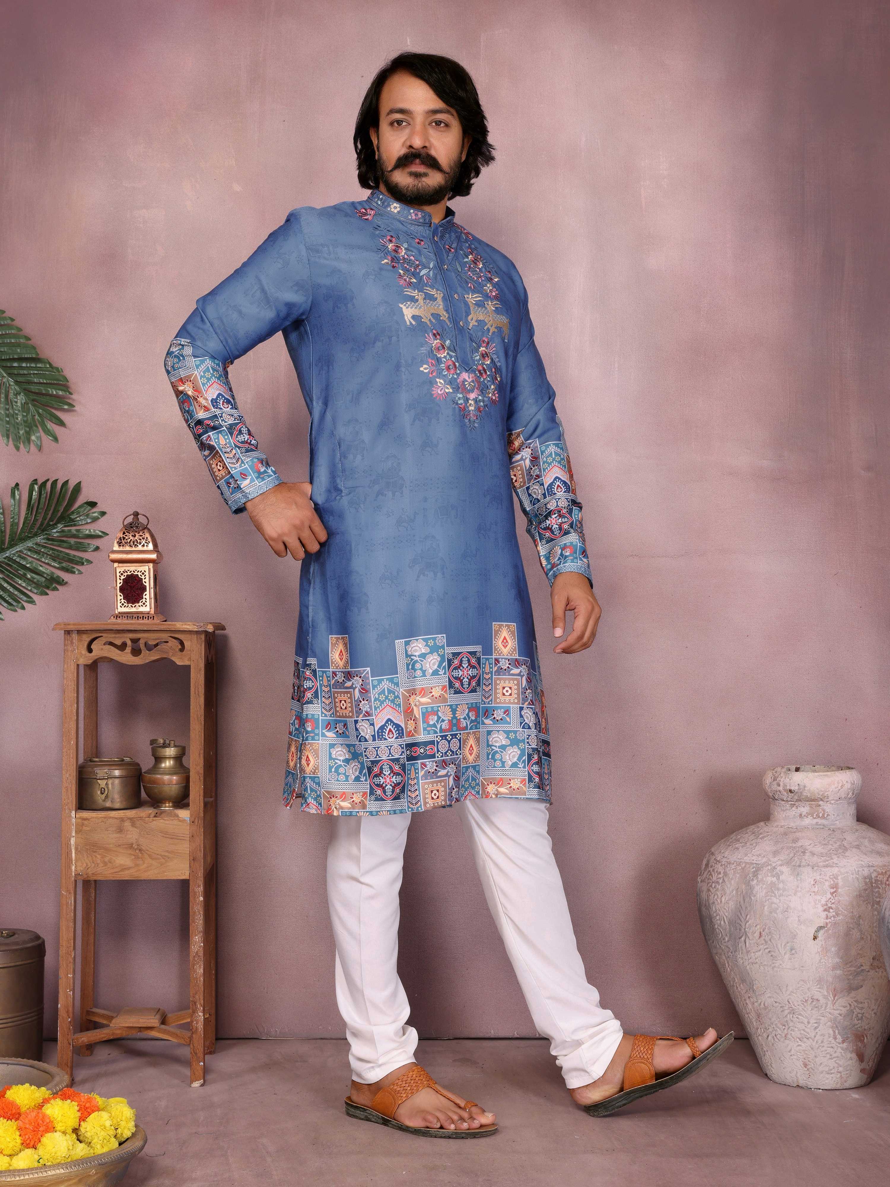 Jyoti Fashion Men's Blue Sequins Embroidered Kurta with Pajama - Distacart