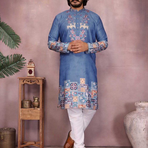 Jyoti Fashion Men's Blue Sequins Embroidered Kurta with Pajama