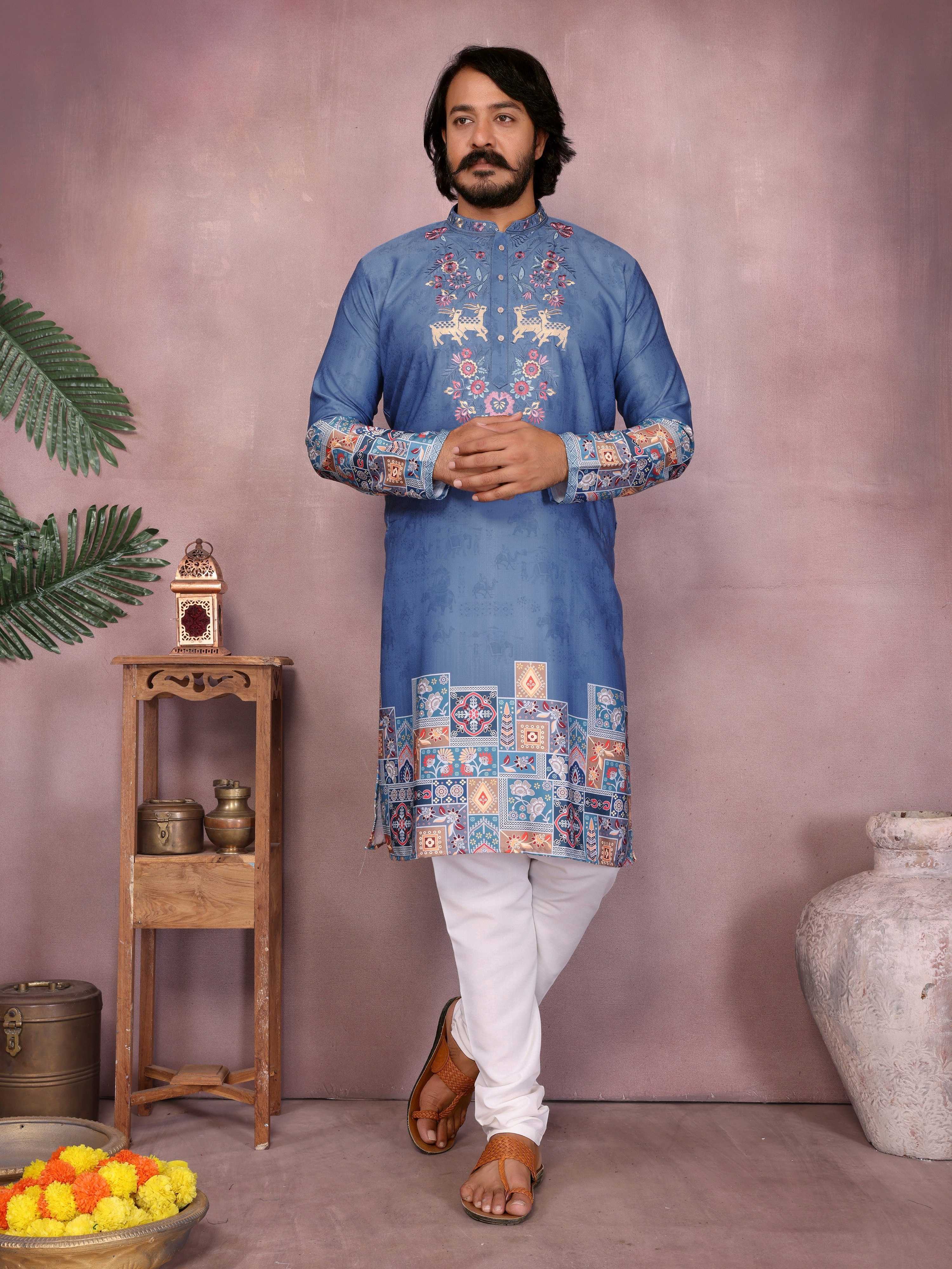 Jyoti Fashion Men's Blue Sequins Embroidered Kurta with Pajama - Distacart