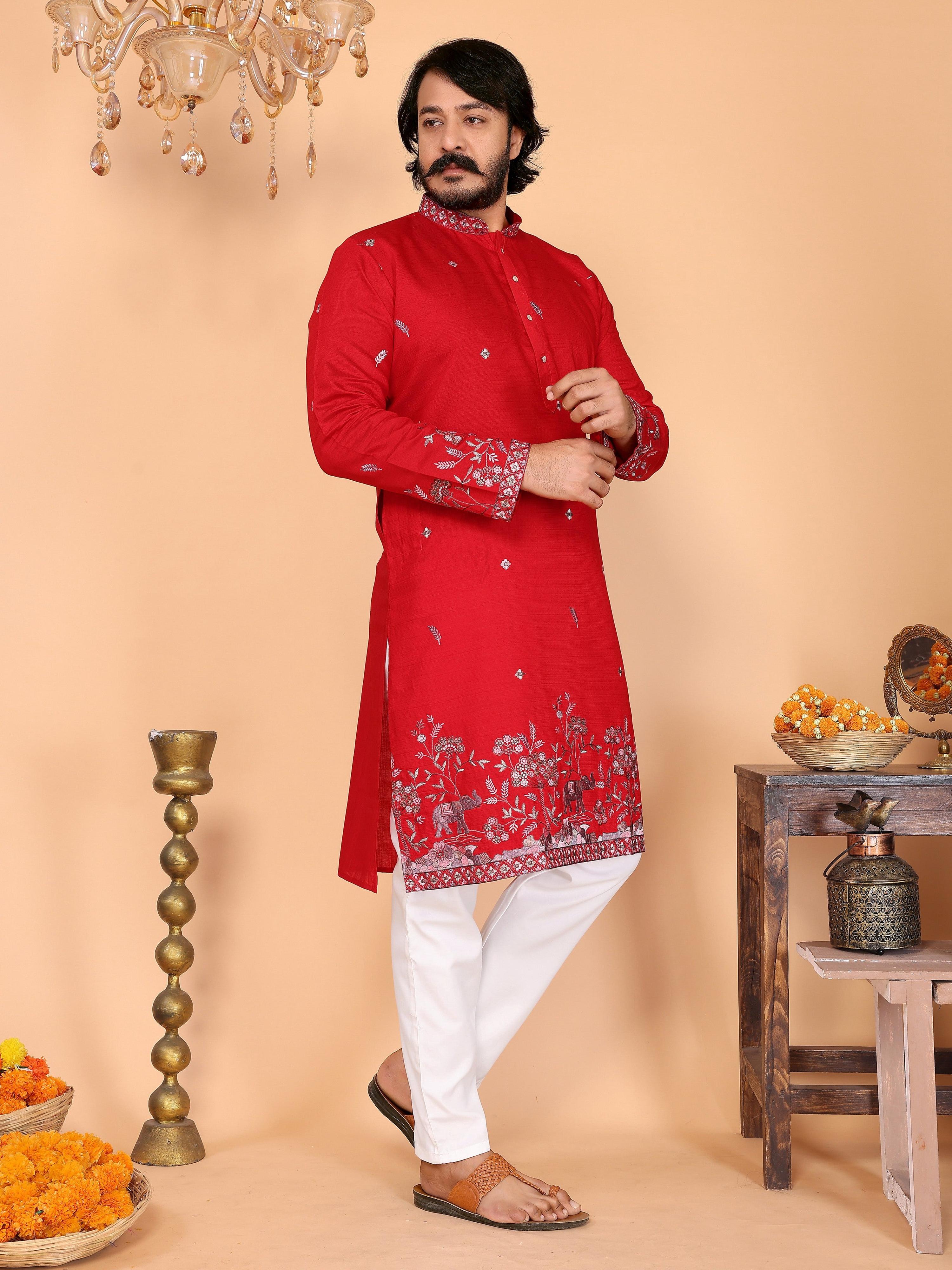 Jyoti Fashion Men's Red Sequins Embroidered Kurta with Pajama - Distacart