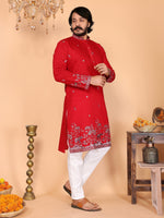 Thumbnail for Jyoti Fashion Men's Red Sequins Embroidered Kurta with Pajama