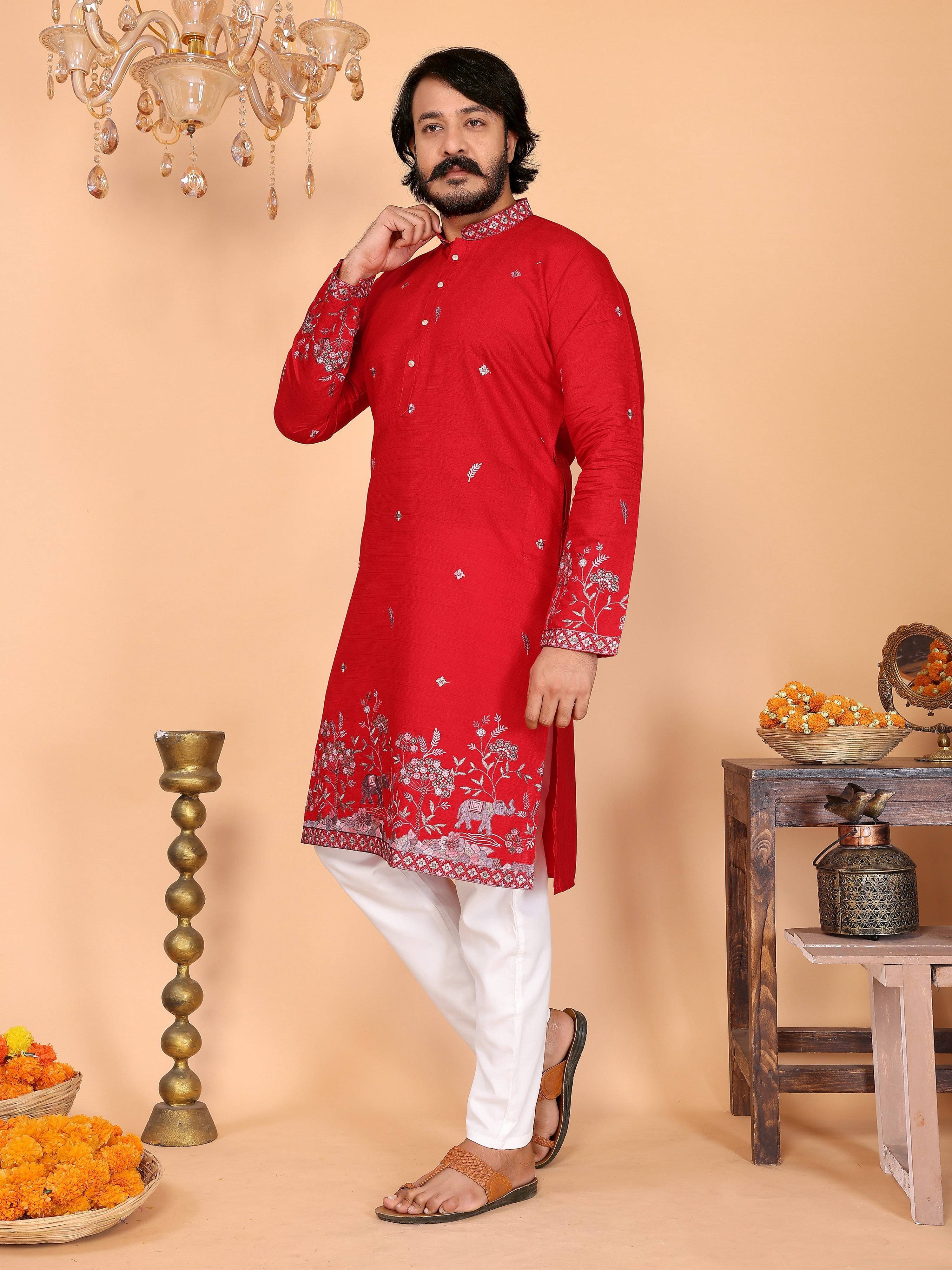 Jyoti Fashion Men's Red Sequins Embroidered Kurta with Pajama