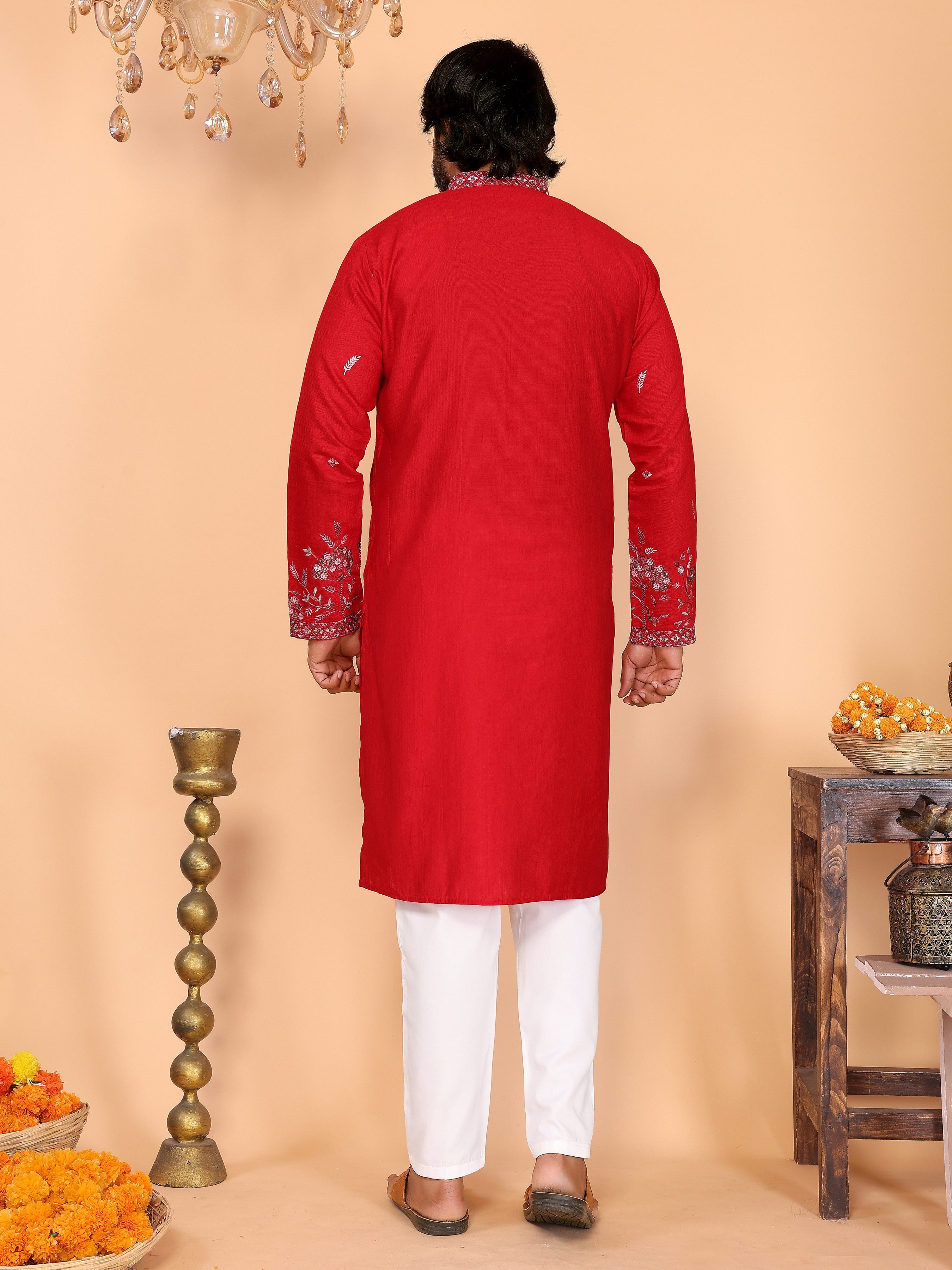 Jyoti Fashion Men's Red Sequins Embroidered Kurta with Pajama