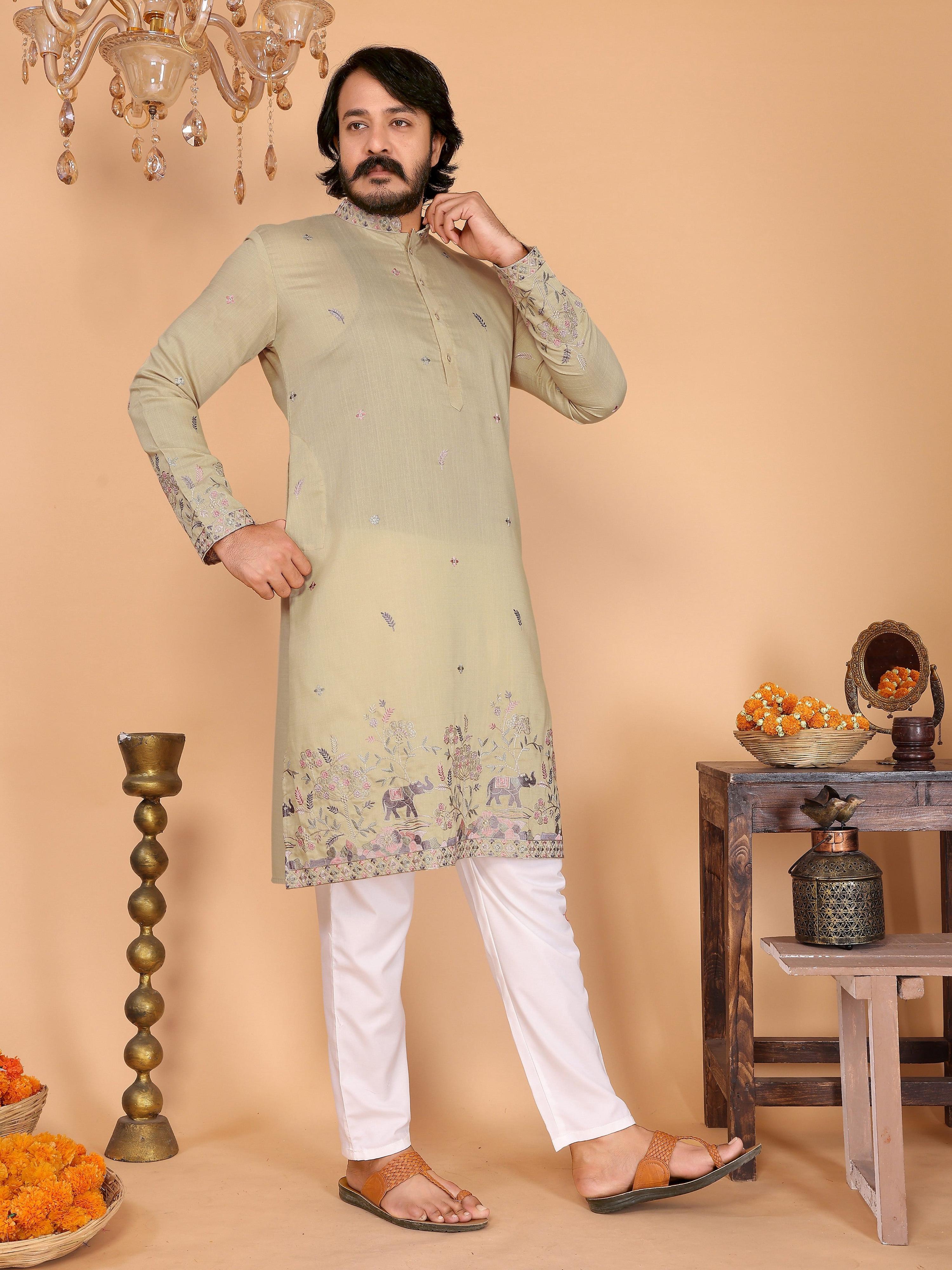 Jyoti Fashion Men's Sea Green Sequins Embroidered Kurta with Pajama - Distacart