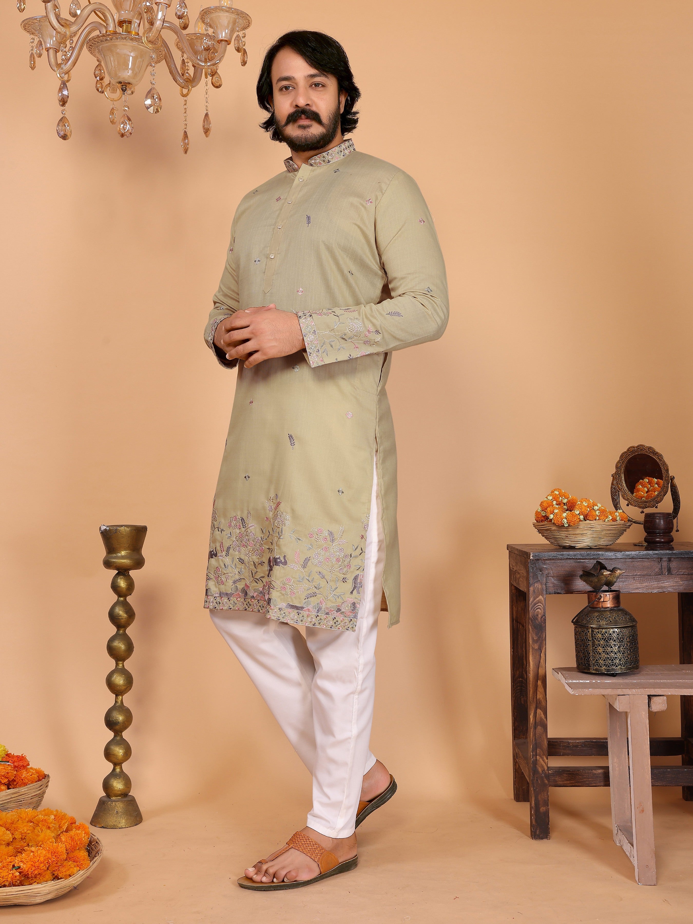 Jyoti Fashion Men's Sea Green Sequins Embroidered Kurta with Pajama - Distacart
