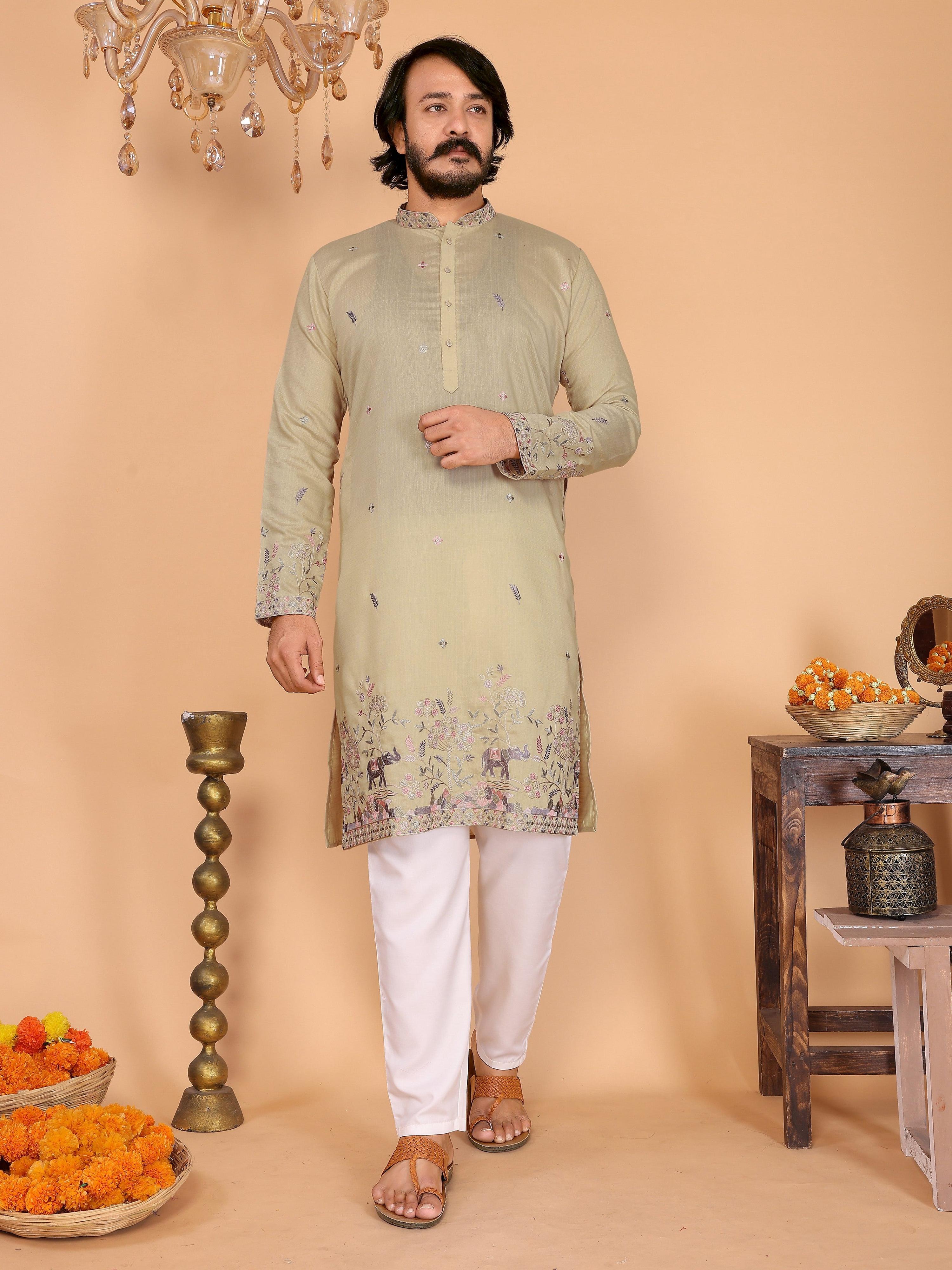 Jyoti Fashion Men's Sea Green Sequins Embroidered Kurta with Pajama - Distacart