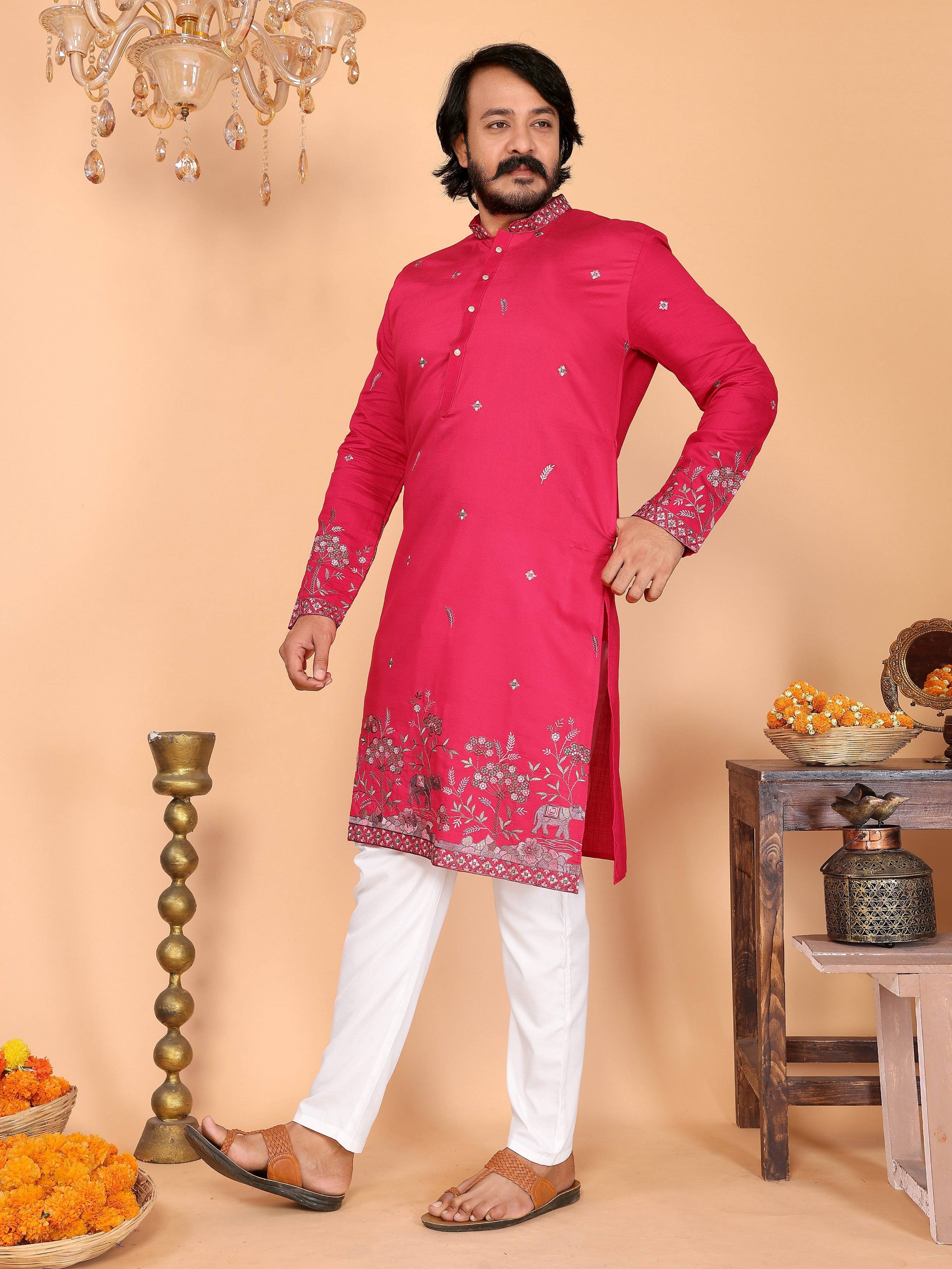 Jyoti Fashion Men's Pink Sequins Embroidered Kurta with Pajama