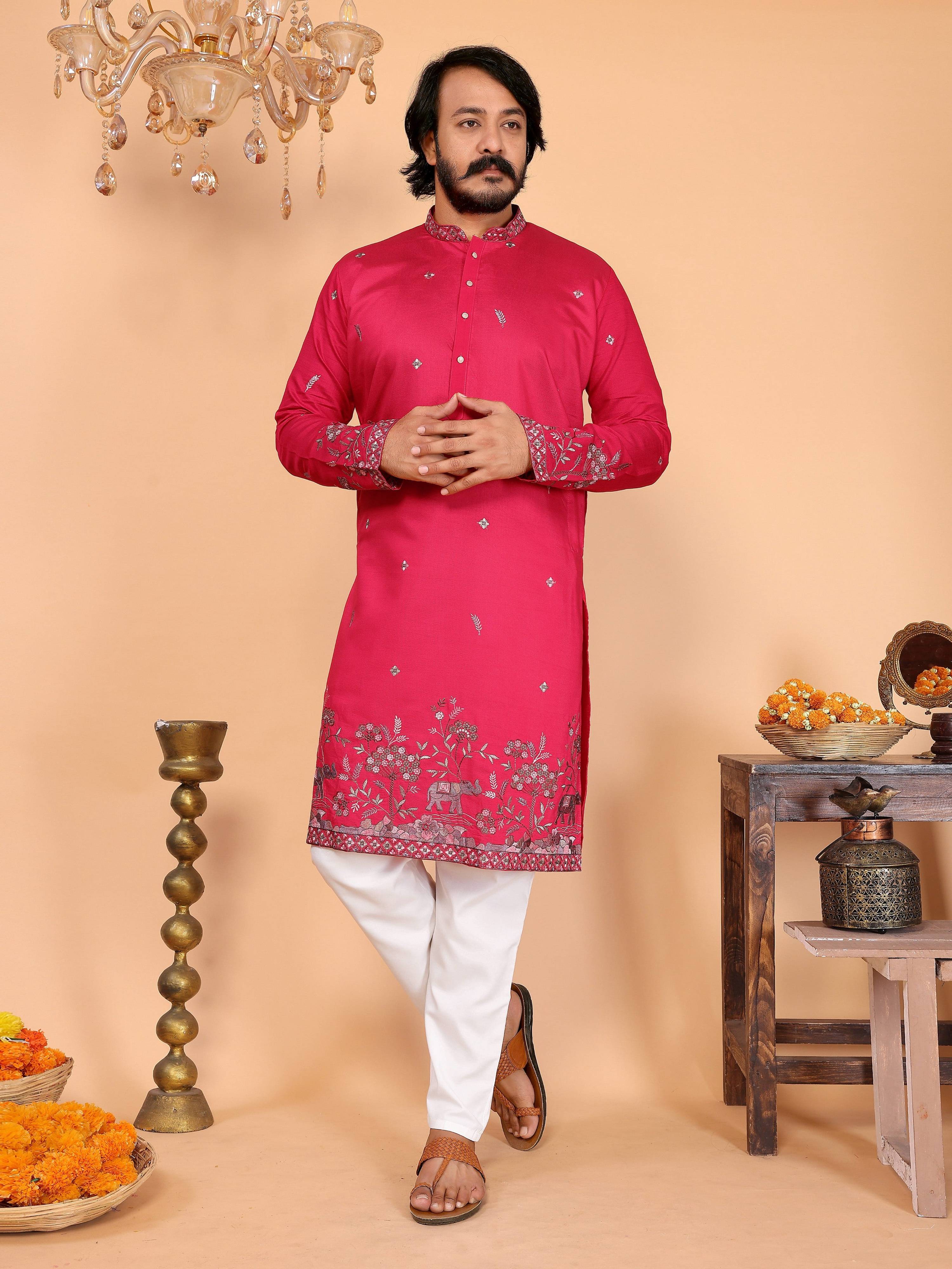 Jyoti Fashion Men's Pink Sequins Embroidered Kurta with Pajama - Distacart