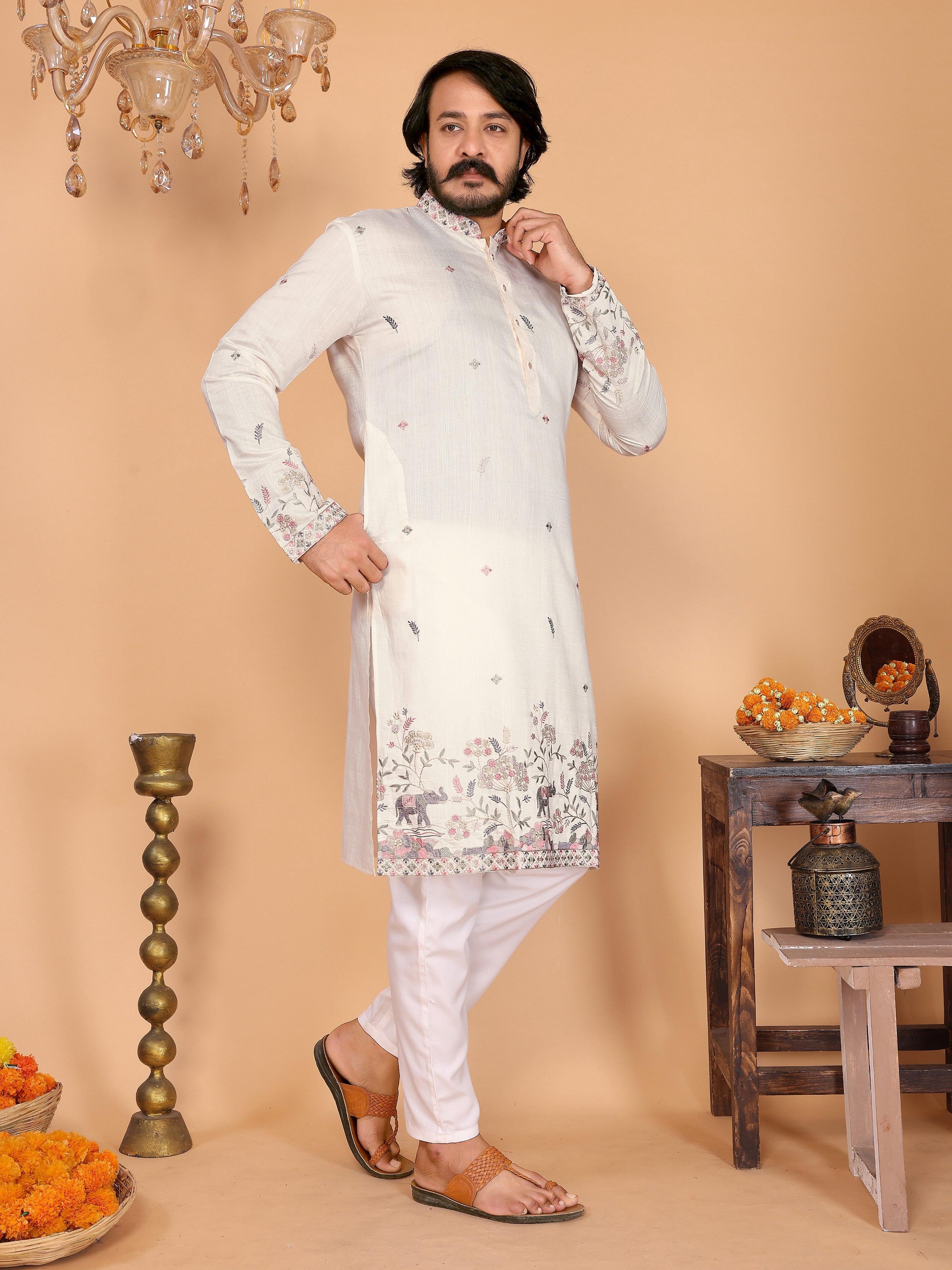 Jyoti Fashion Men's White Sequins Embroidered Kurta with Pajama - Distacart