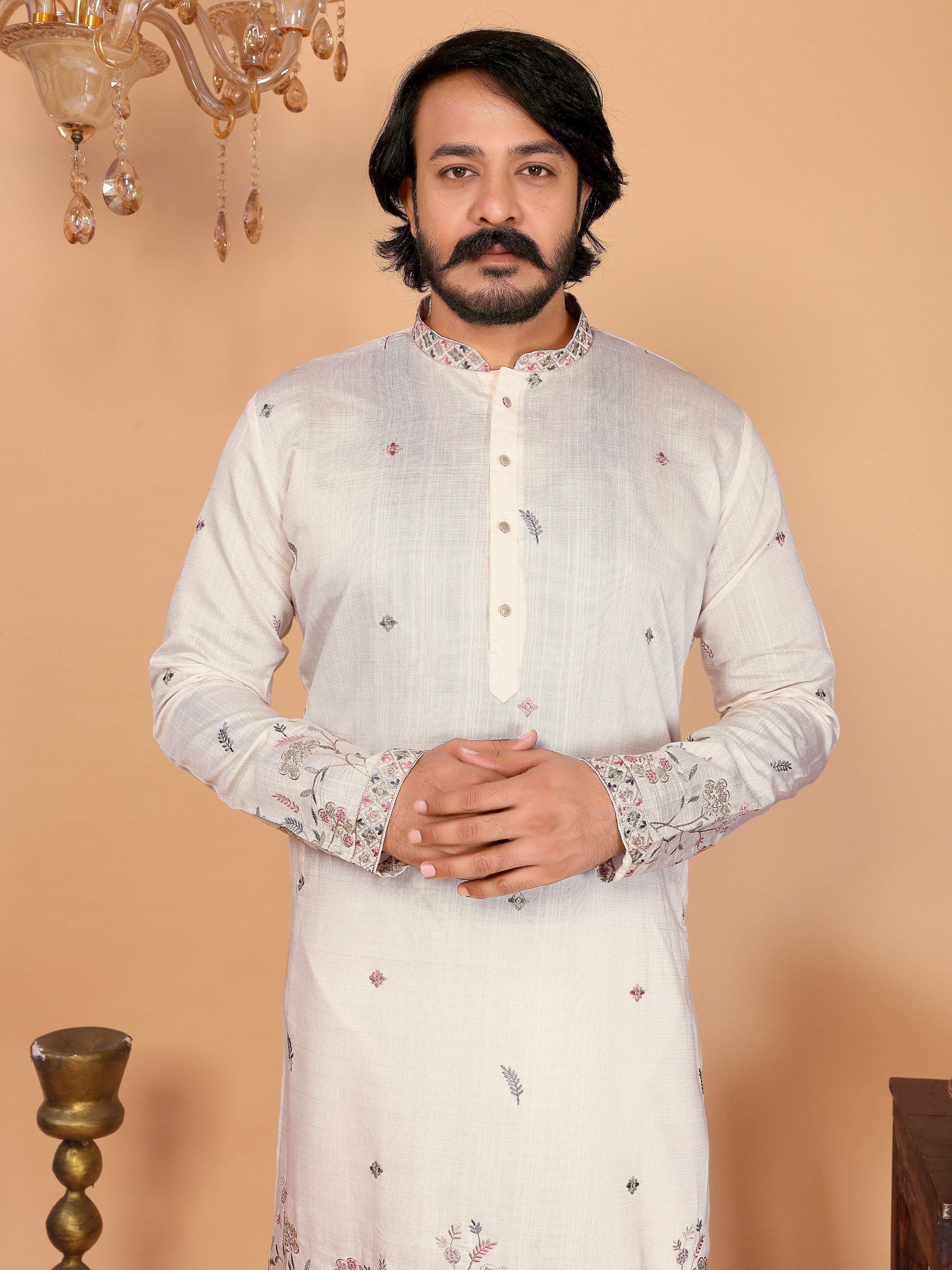 Jyoti Fashion Men's White Sequins Embroidered Kurta with Pajama