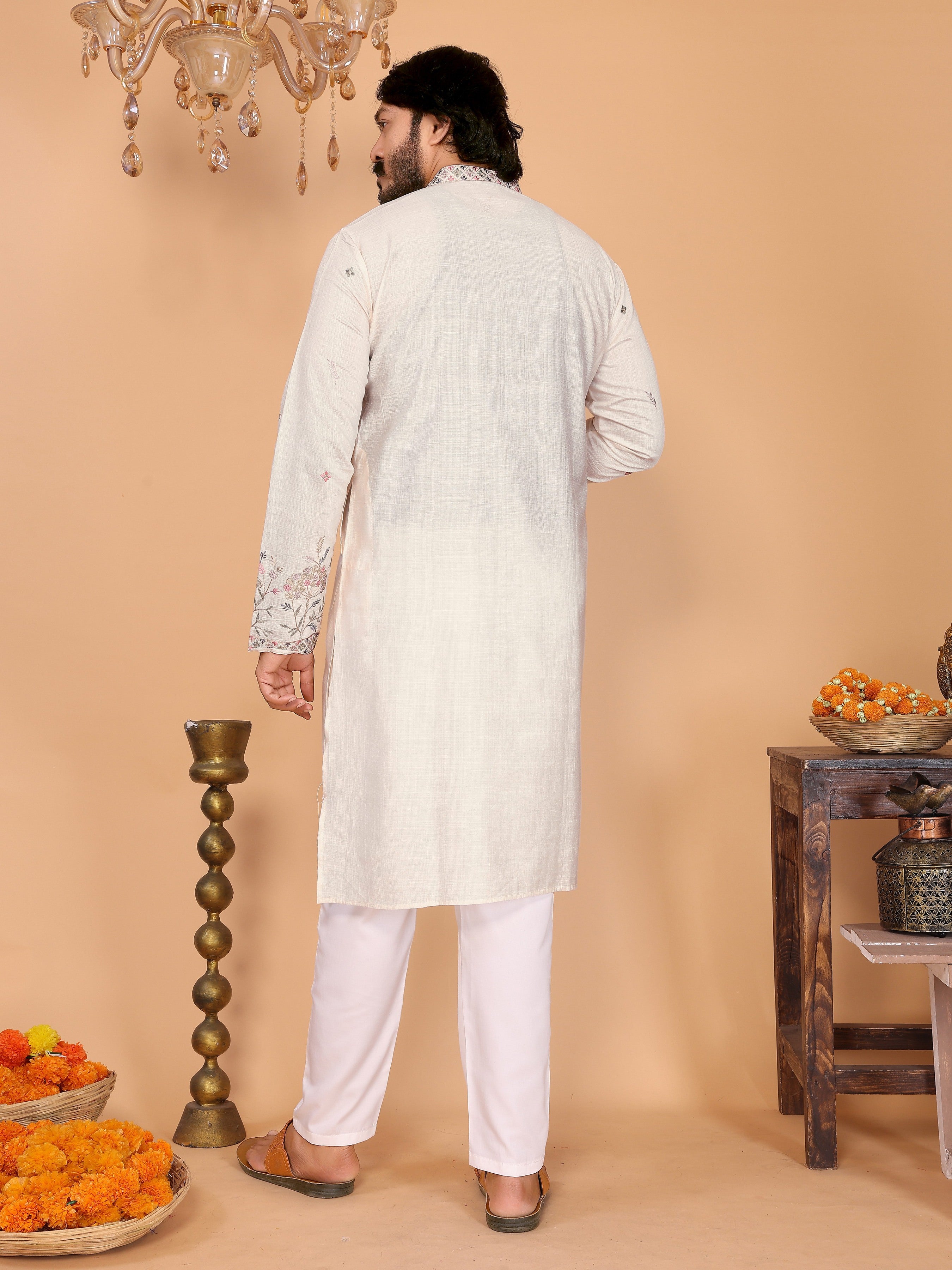 Jyoti Fashion Men's White Sequins Embroidered Kurta with Pajama