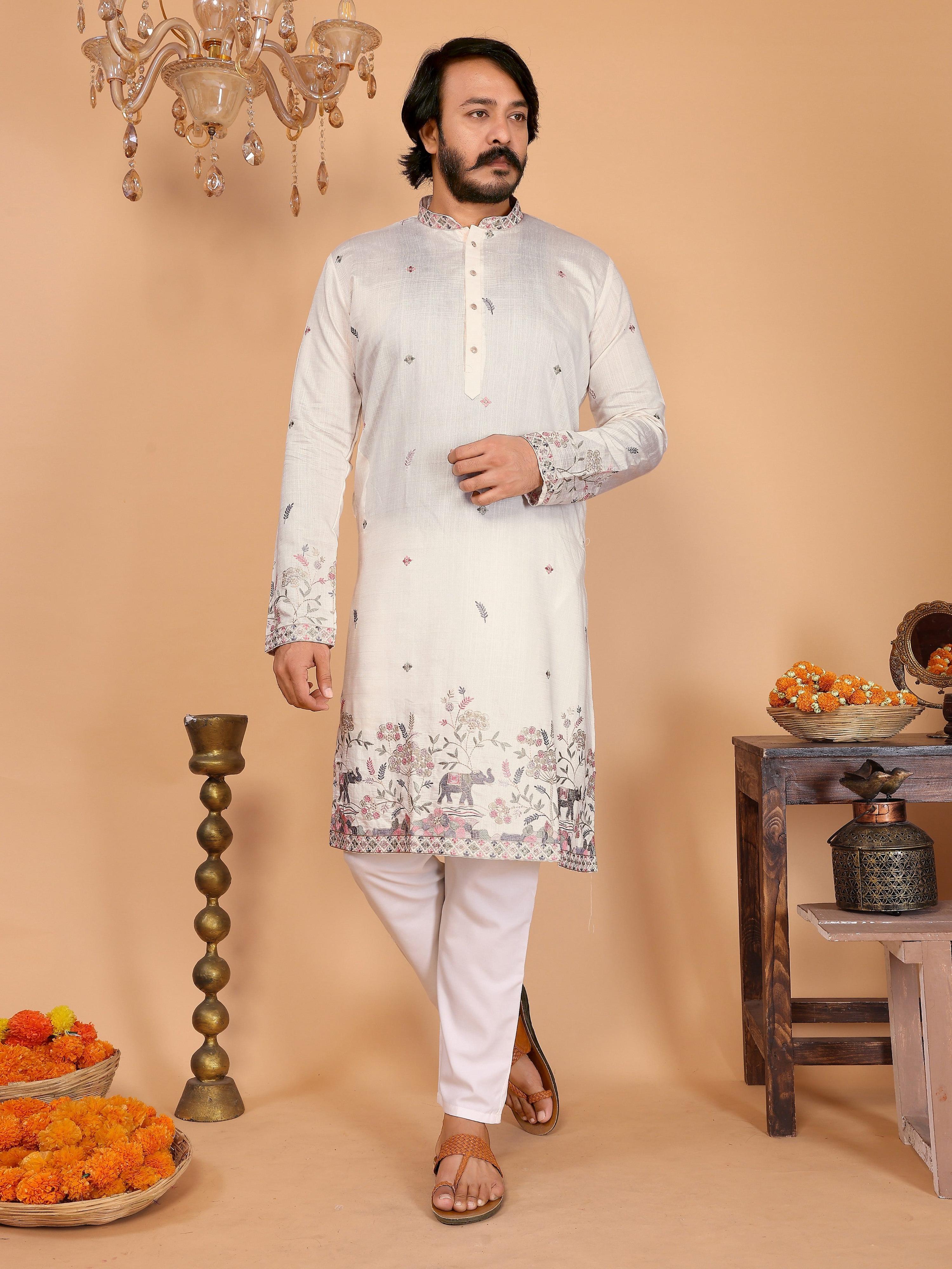 Jyoti Fashion Men's White Sequins Embroidered Kurta with Pajama - Distacart