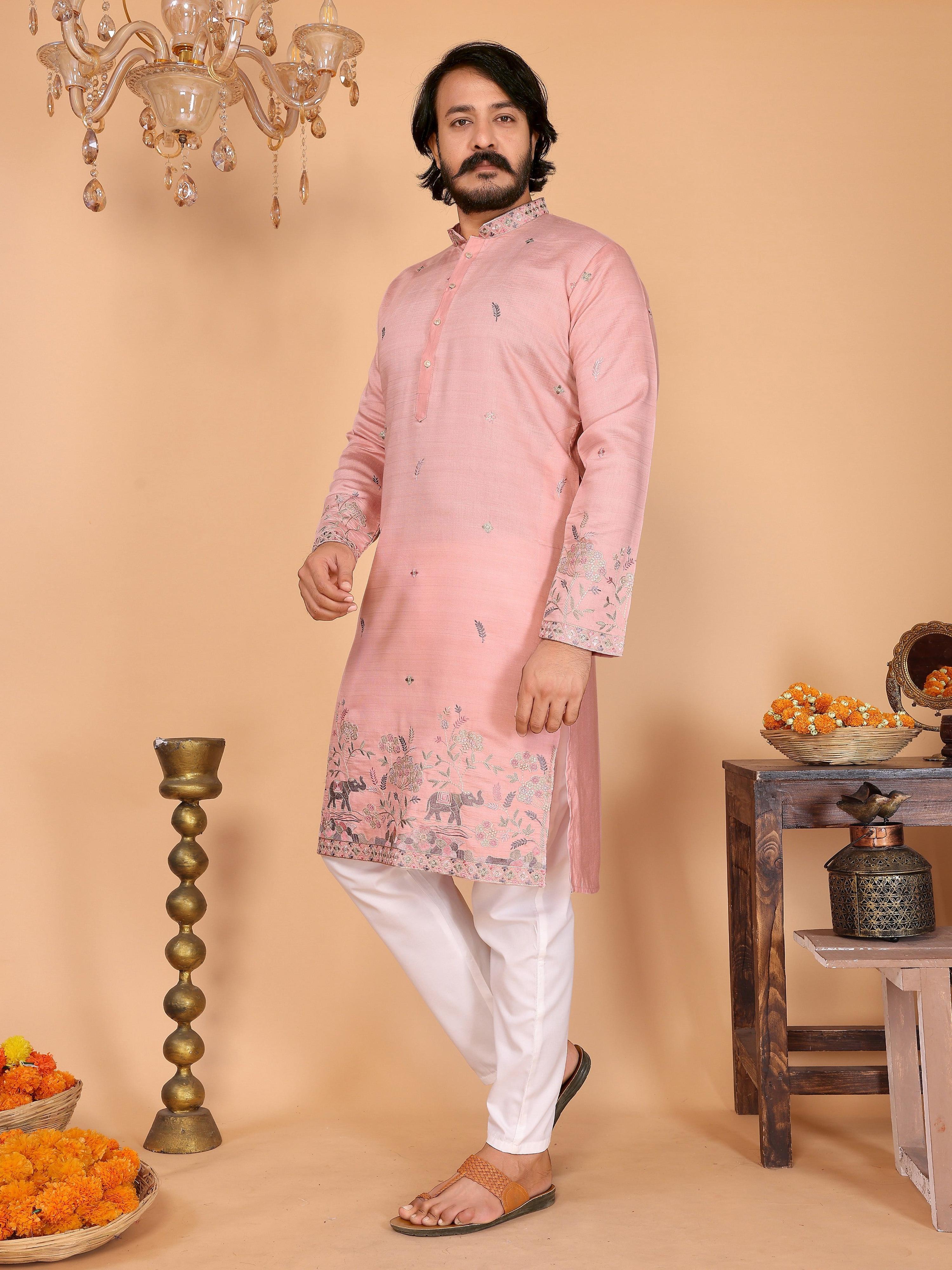 Jyoti Fashion Men's Peach Sequins Embroidered Kurta with Pajama - Distacart