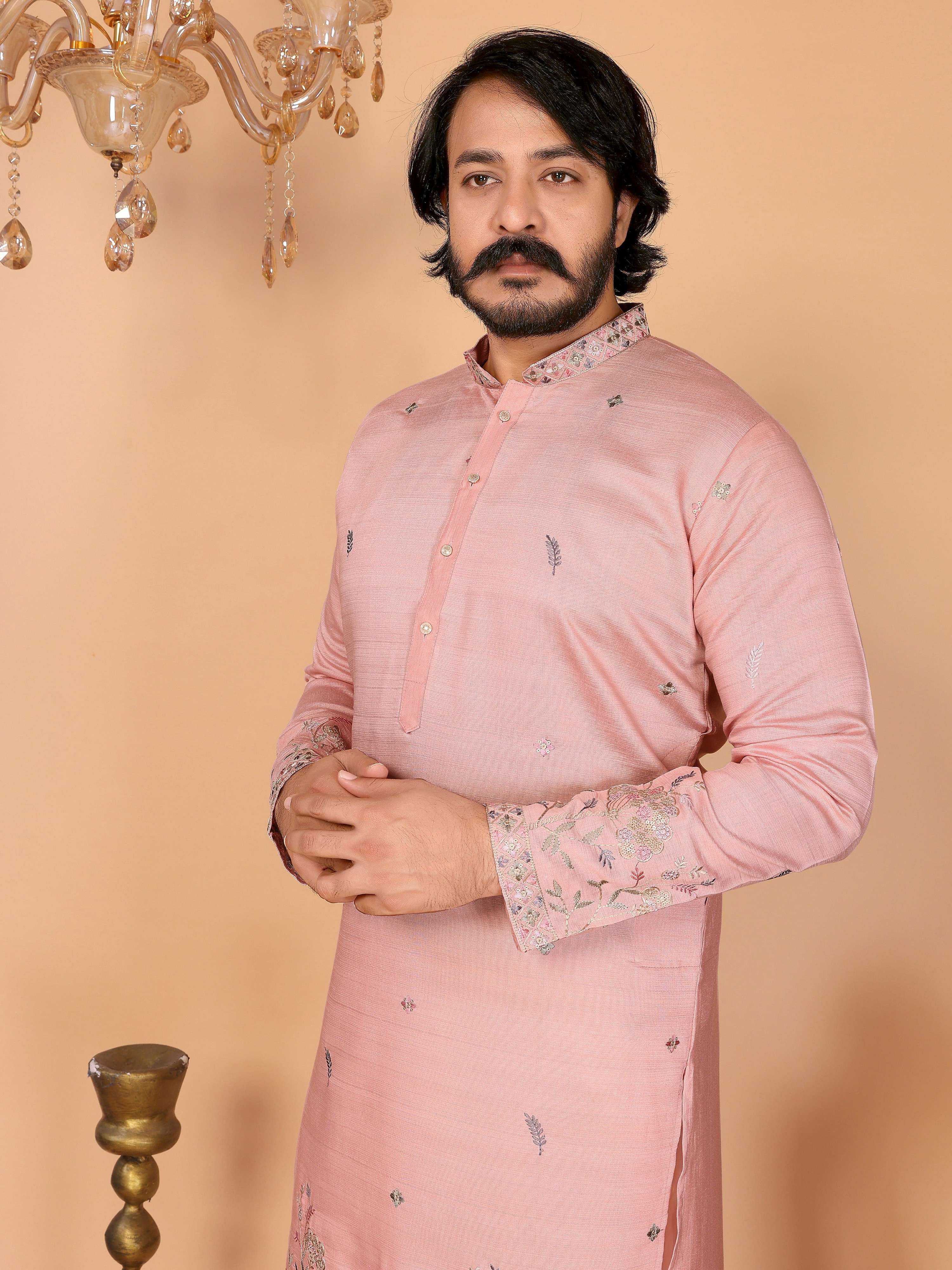 Jyoti Fashion Men's Peach Sequins Embroidered Kurta with Pajama - Distacart